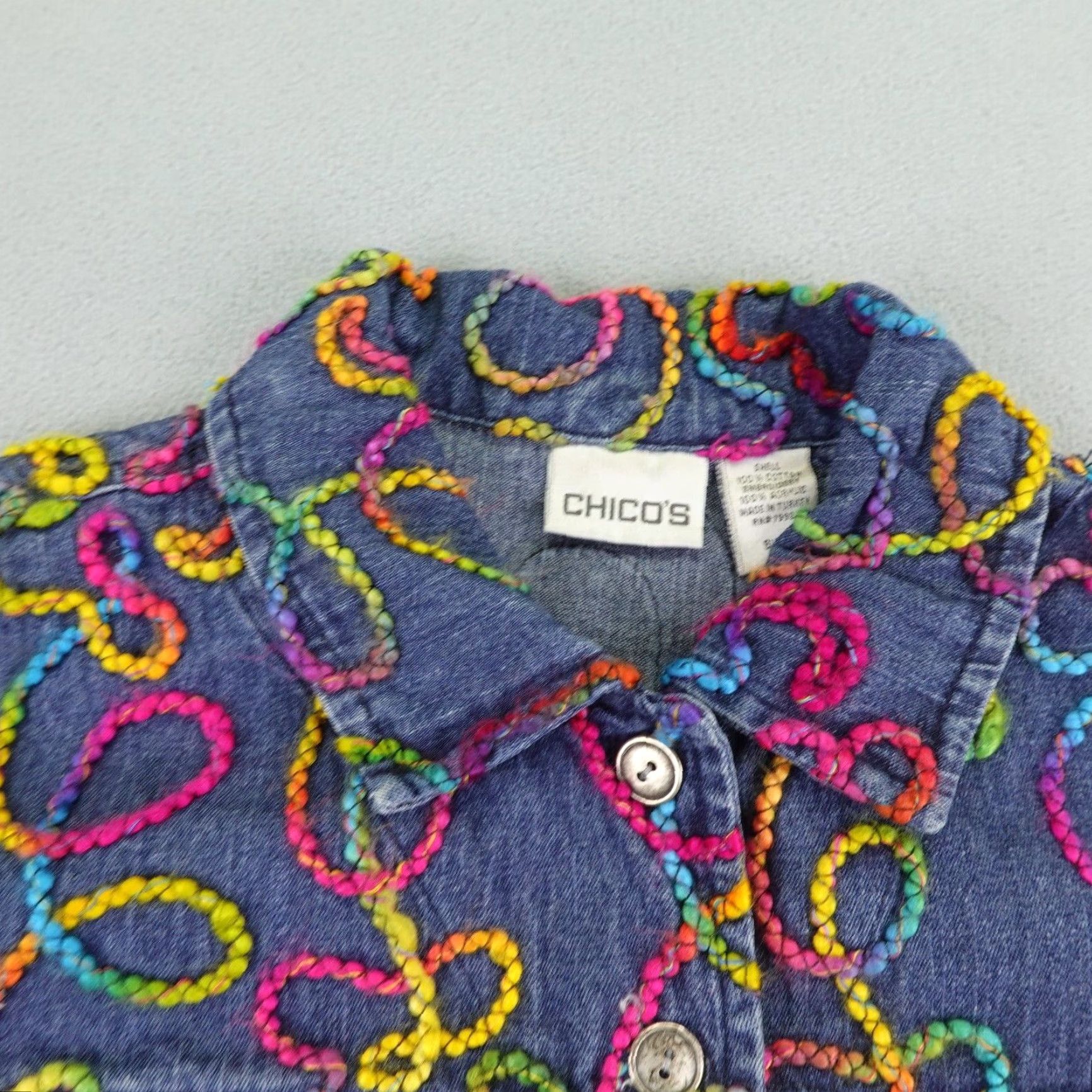 Vintage Chicos Jacke Womens Small size 1 Blue Denim Jean Embroidered Button Up Coat Size 28" / US 6 / IT 42 - 2 Thumbnail