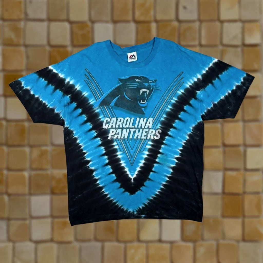 Vintage Majestic NFL Carolina Panthers Football Graphic Blue Tie Dye Cotton T-Shirt 2XL Mens, Men's (Size Xxl)