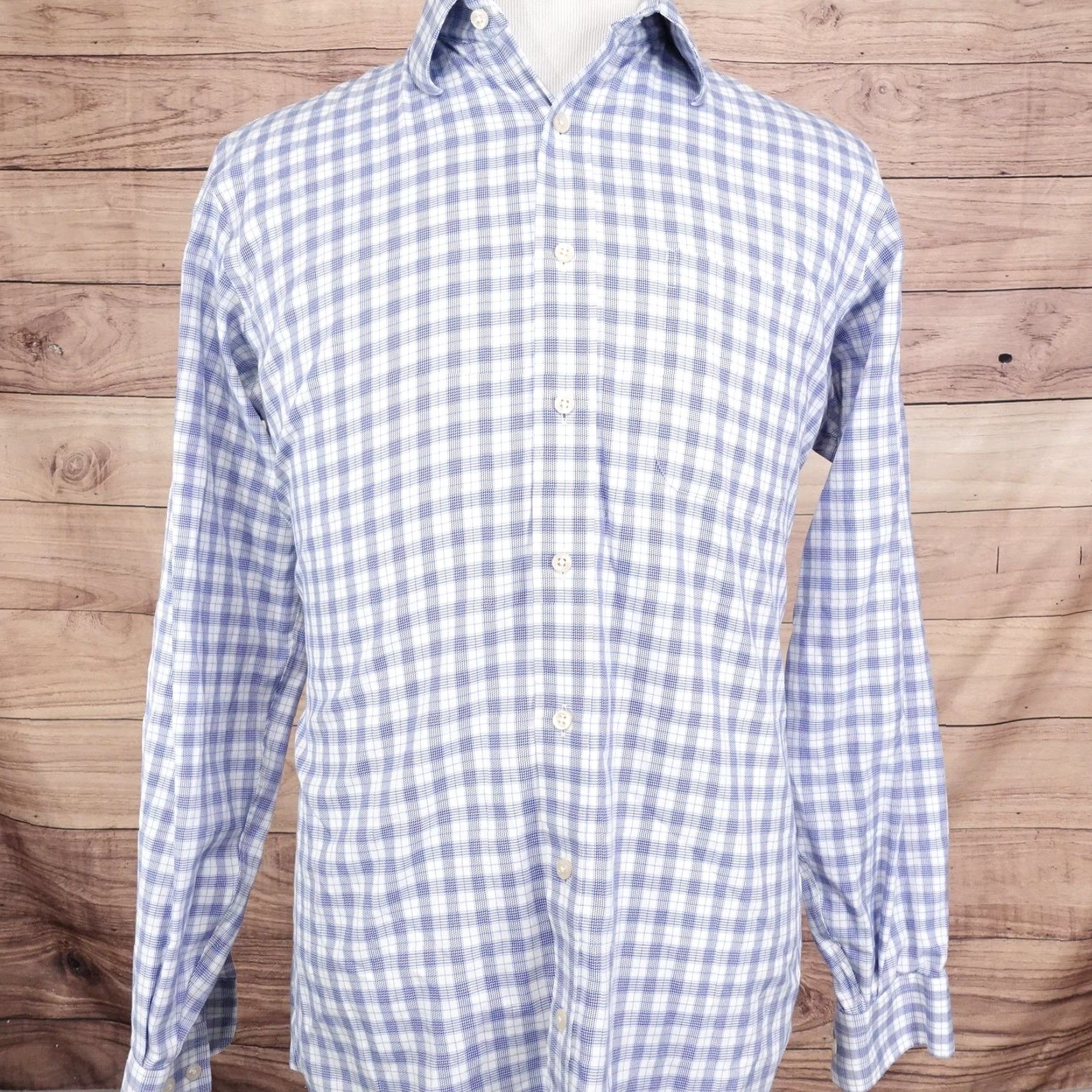 Vintage KIRKLAND Signature Dress Shirt Mens Large 16 35 Blue White Plaid Non-Iron Work Office Classic Size 42R - 3 Thumbnail