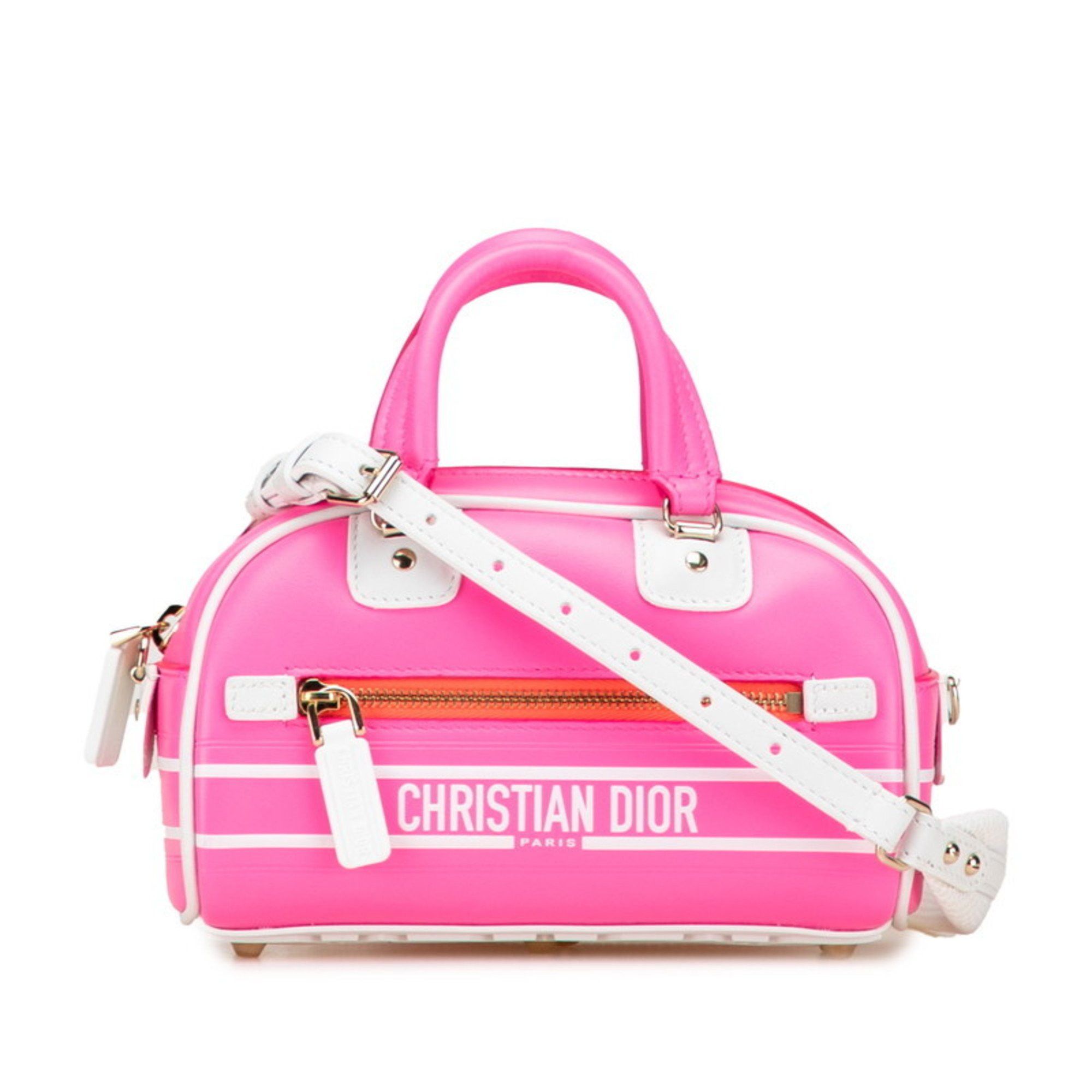 Christian Dior Dior Vibe Mini Bowling Bag 2-Way Handbag Pink and White Leather Women's