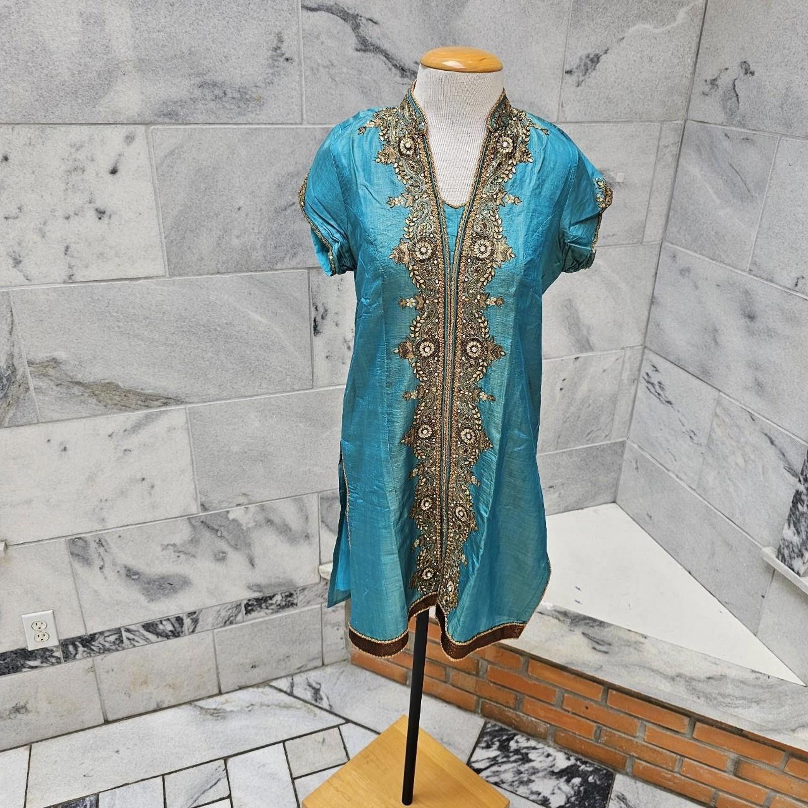 Other Women's Kurta Style Aqua Blue and Gold Dress Size M / US 6-8 / IT 42-44 - 6 Thumbnail