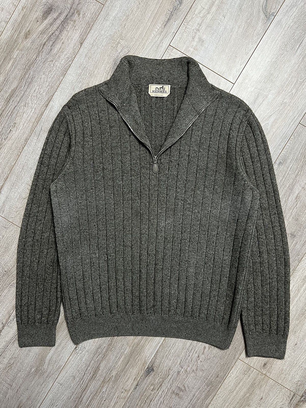 Hermes HERMES Sweater Cashmere/Cotton Knit Ribbed Half Zip Up 