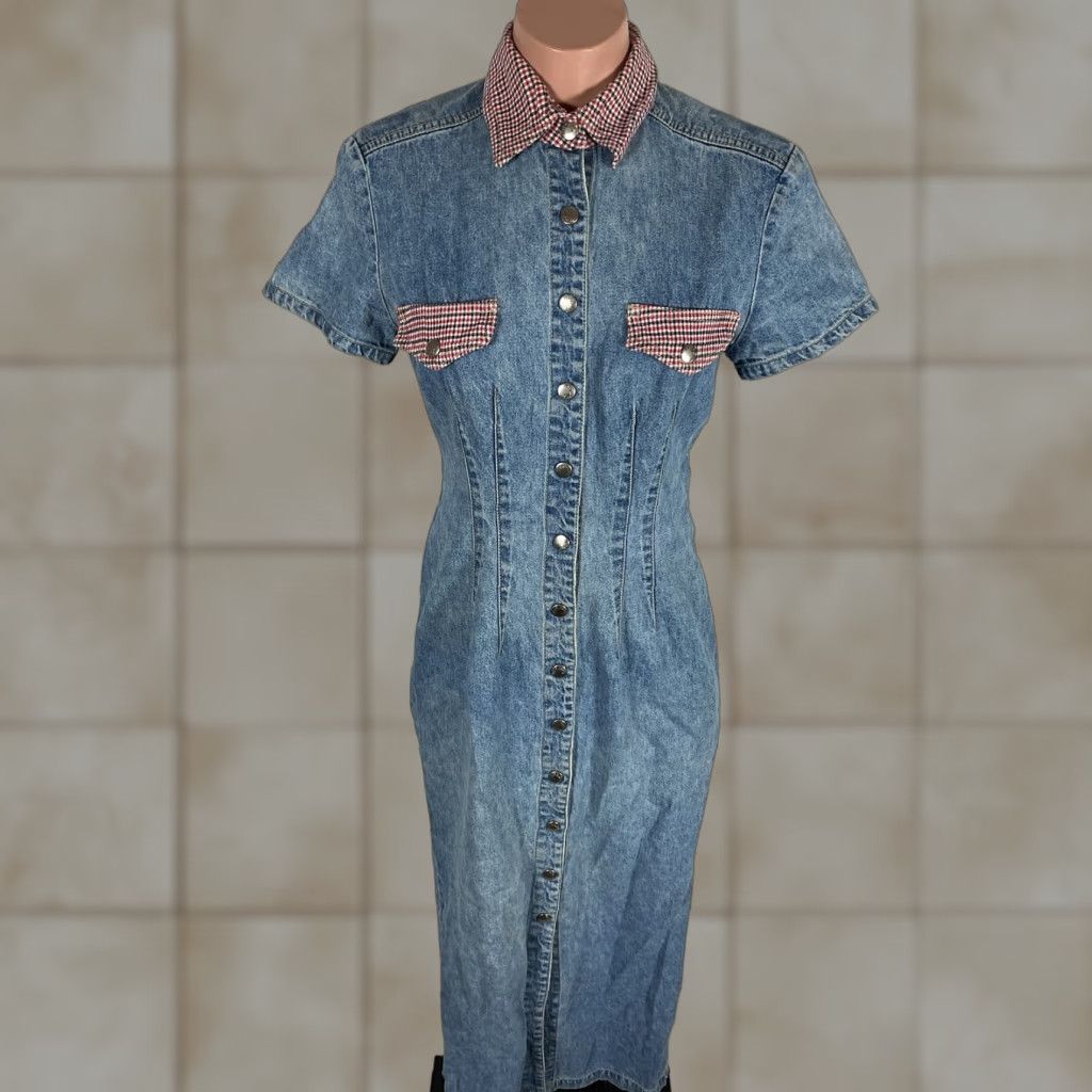 VTG Paris Blues Denim Maxi Shirt Dress Casual Short Sleeve Plaid 90s Y2K Blue M Womens Size 5 Medium Wash Cotton/Linen Blend Vintage Dress