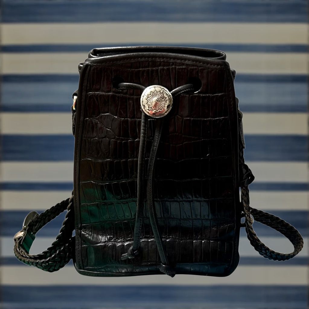 Brighton VINTAGE Brighton Black Leather Croc Embossed Drawstring Bucket Shoulder Bag Purse VTG Womens Small Crossbody Nature: Designer 90s Size ONE SIZE - 1 Thumbnail