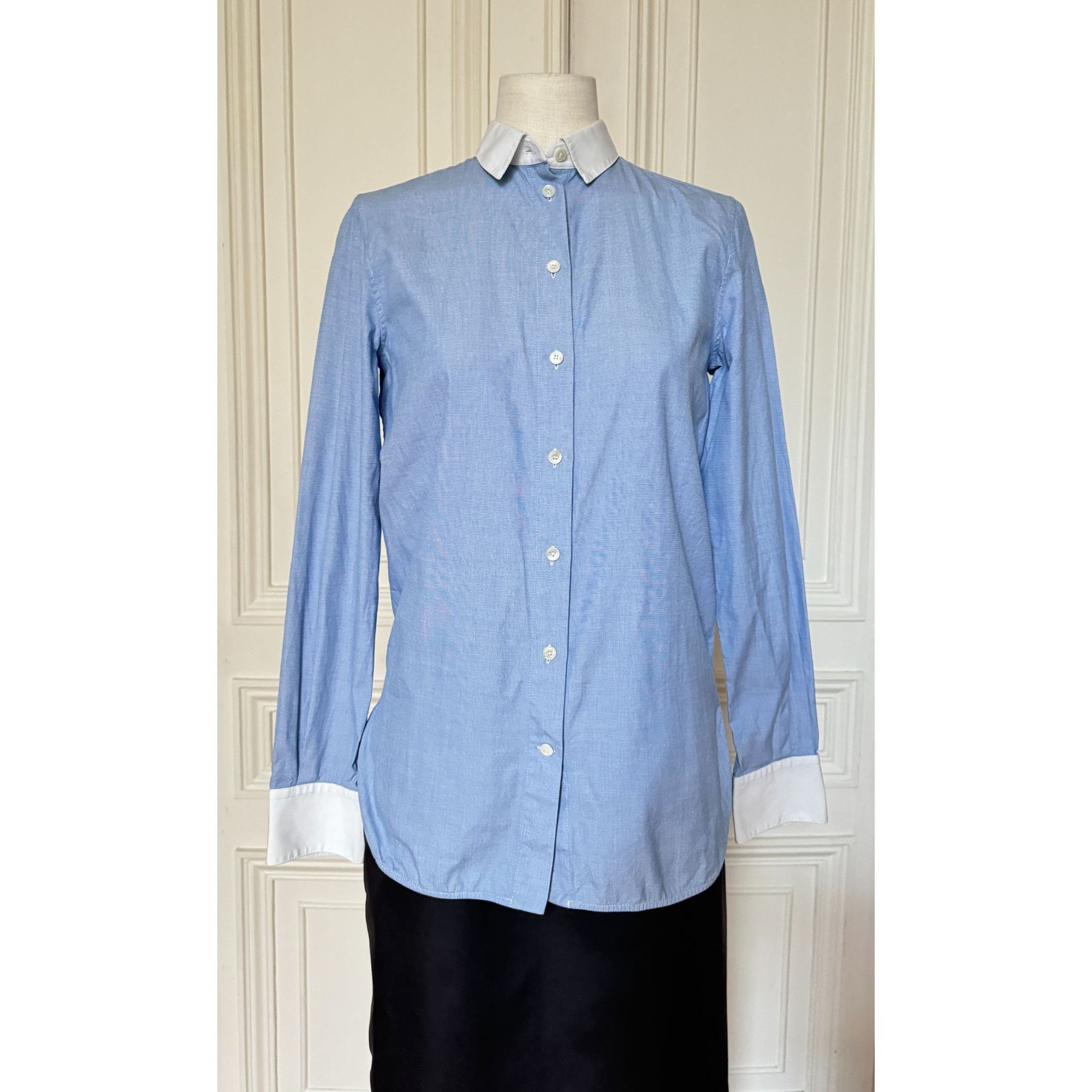 Celine Phoebe Philo Blue Shirt with White Contrast Collar & Cuffs Size S / US 4 / IT 40 - 1 Thumbnail