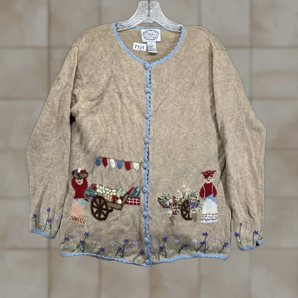 Vintage VINTAGE Stitches in Time Women's Small Cardigan Sweater Beige Long Sleeve Embroidered Cottage Garden Theme Bohemian 90s Cotton Ramie Blend Size S / US 4 / IT 40 - 1 Thumbnail