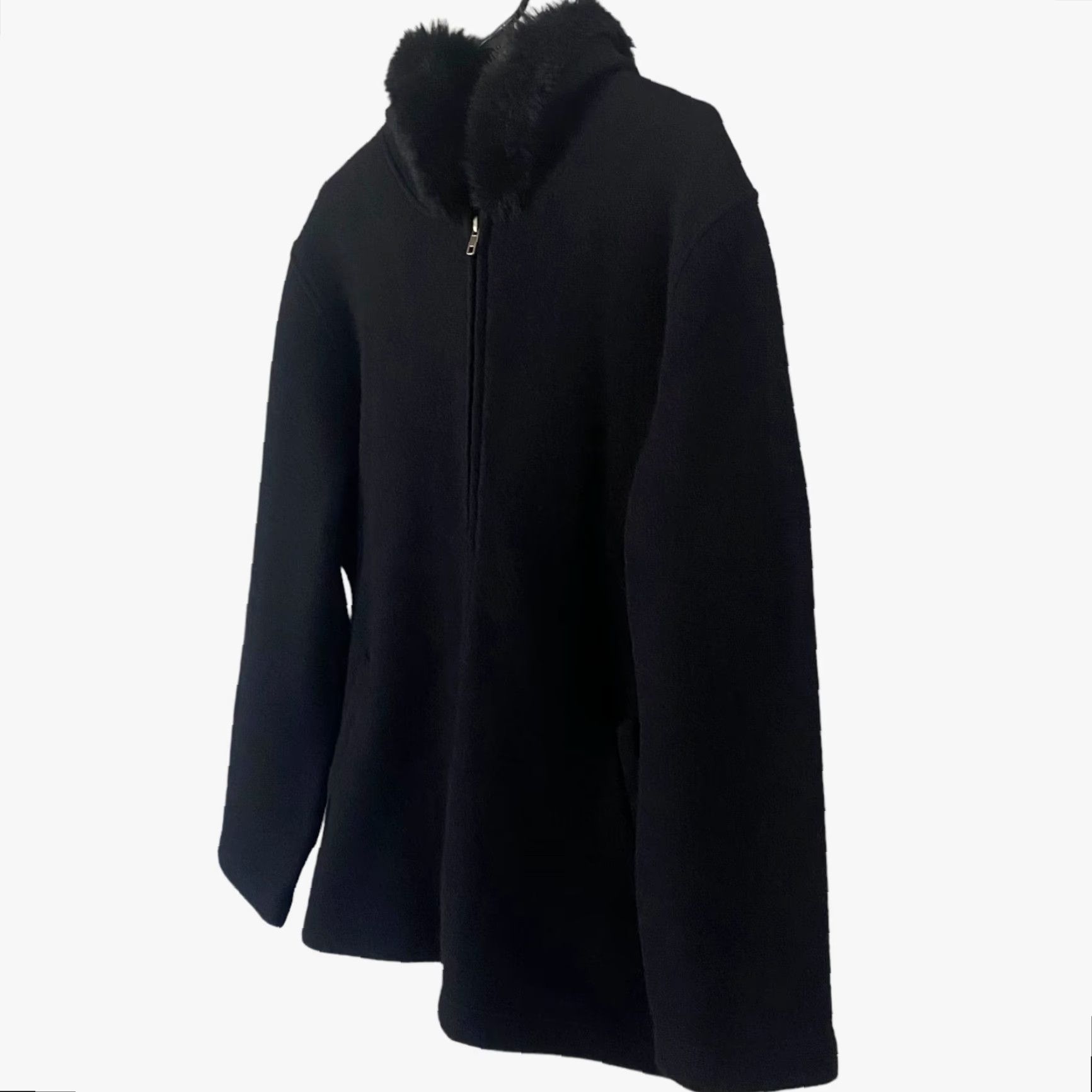 Jones New York VINTAGE Jones New York Wool Jacket Black Faux Fur Hooded Full-Zip Women's Large Size L / US 10 / IT 46 - 2 Thumbnail