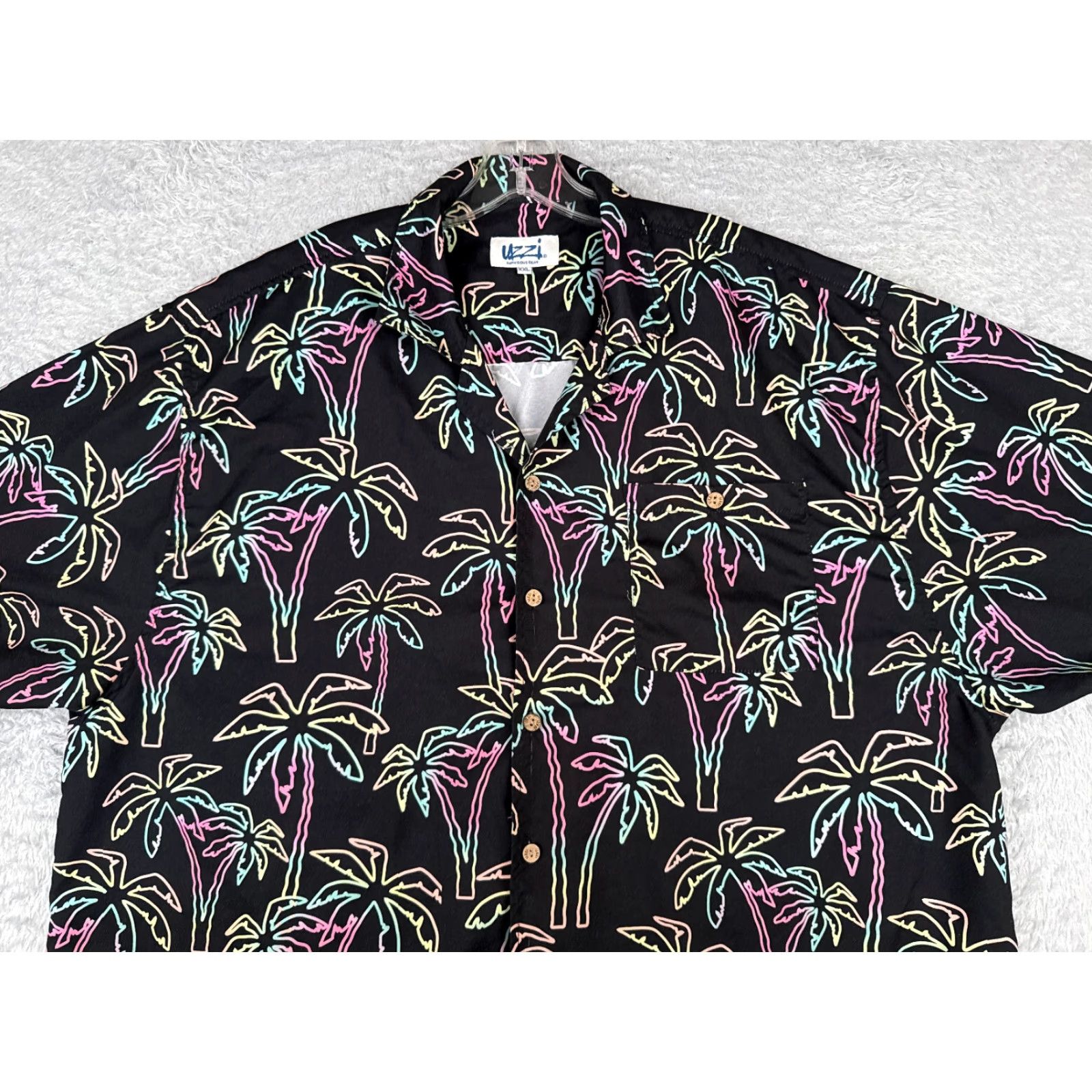 FUZZI Uzzi Shirt Men 2XL XXL Black Palm Trees 100% Polyester Pocket Hawaiian Floral Size US XXL / EU 58 / 5 - 4 Thumbnail