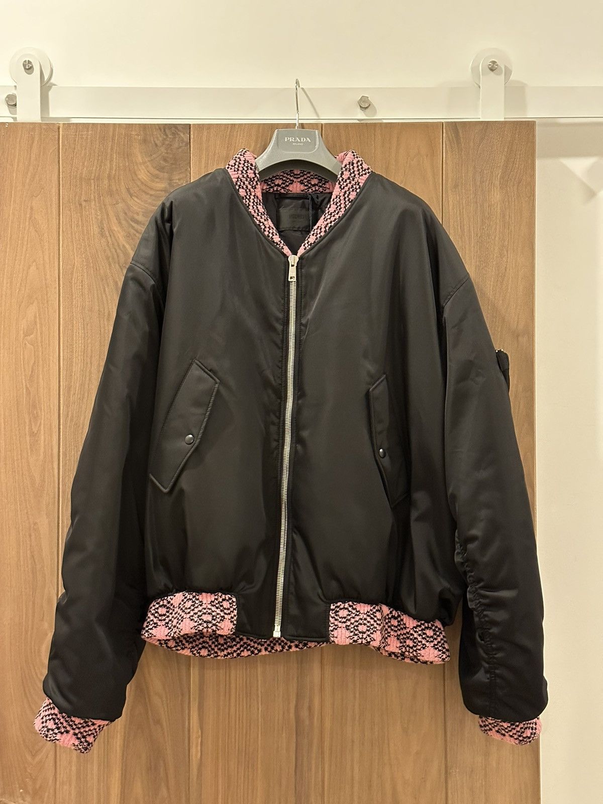 image of Prada × Raf Simons Black Bomber With Pink Knit Interior, Men's (Size Medium)