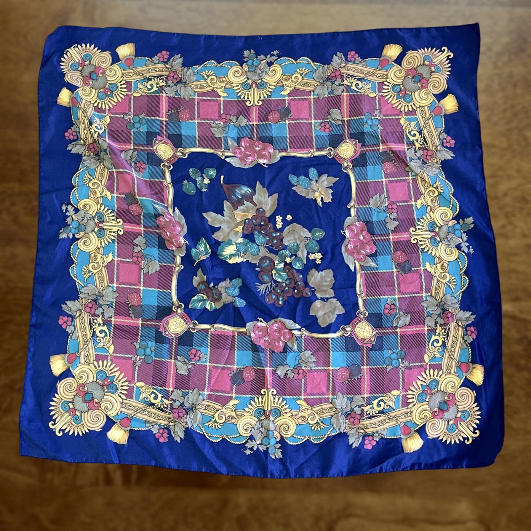Vintage VINTAGE Square Scarf Womens One Size Blue Plaid Satin Floral Grape Print Neck Wrap Shawl Size ONE SIZE - 1 Thumbnail