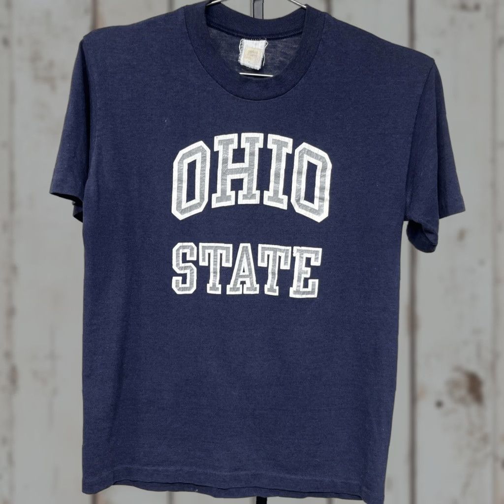 VINTAGE OSU Velva Sheen T-Shirt Blue Single Stitch 70s 80s College University Crew Neck Short Sleeve S Unisex Adults
