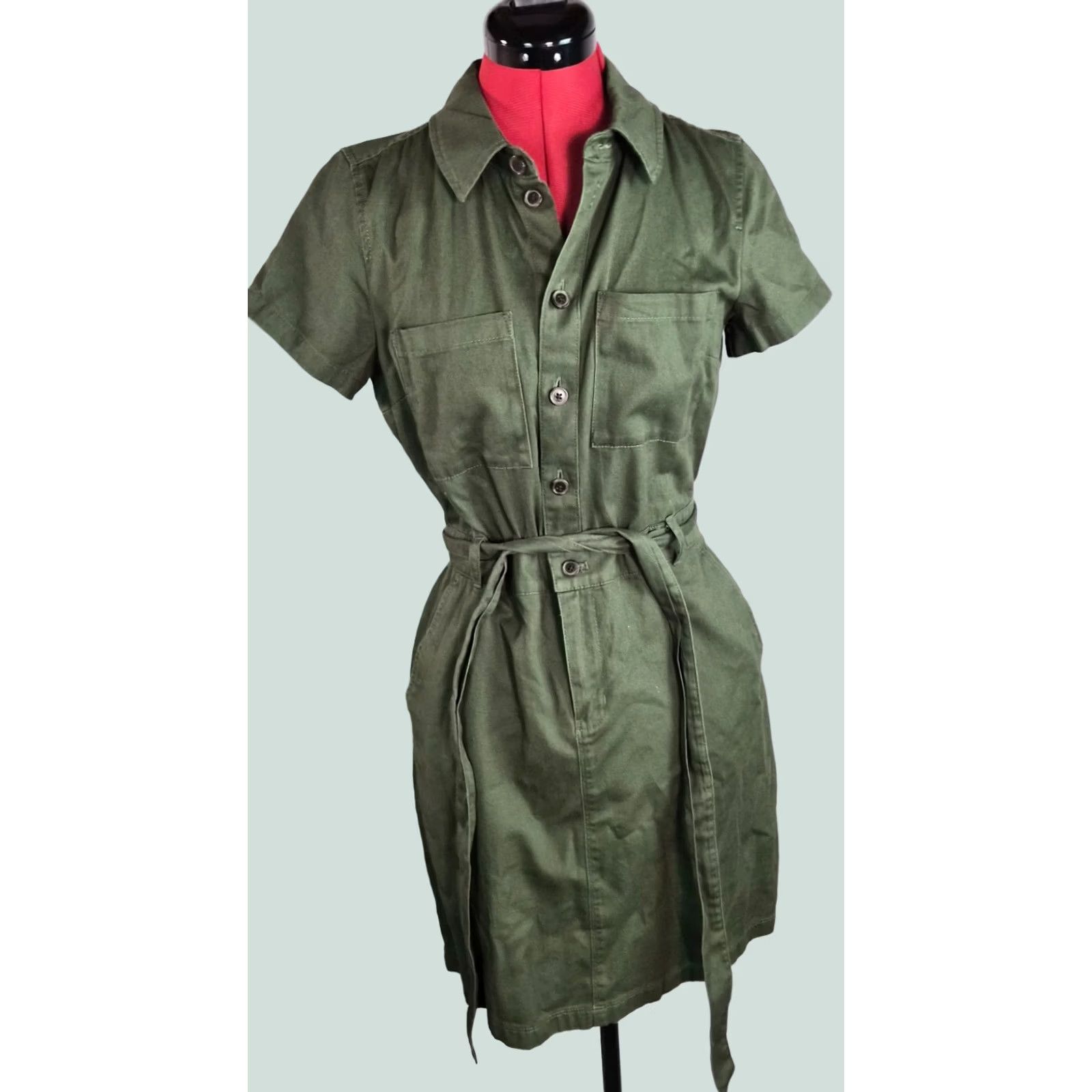 J.Crew J.Crew Button Front Canvas Dress Women Size 4 Green Utility Casual Safari G224 Size S / US 4 / IT 40 - 1 Thumbnail