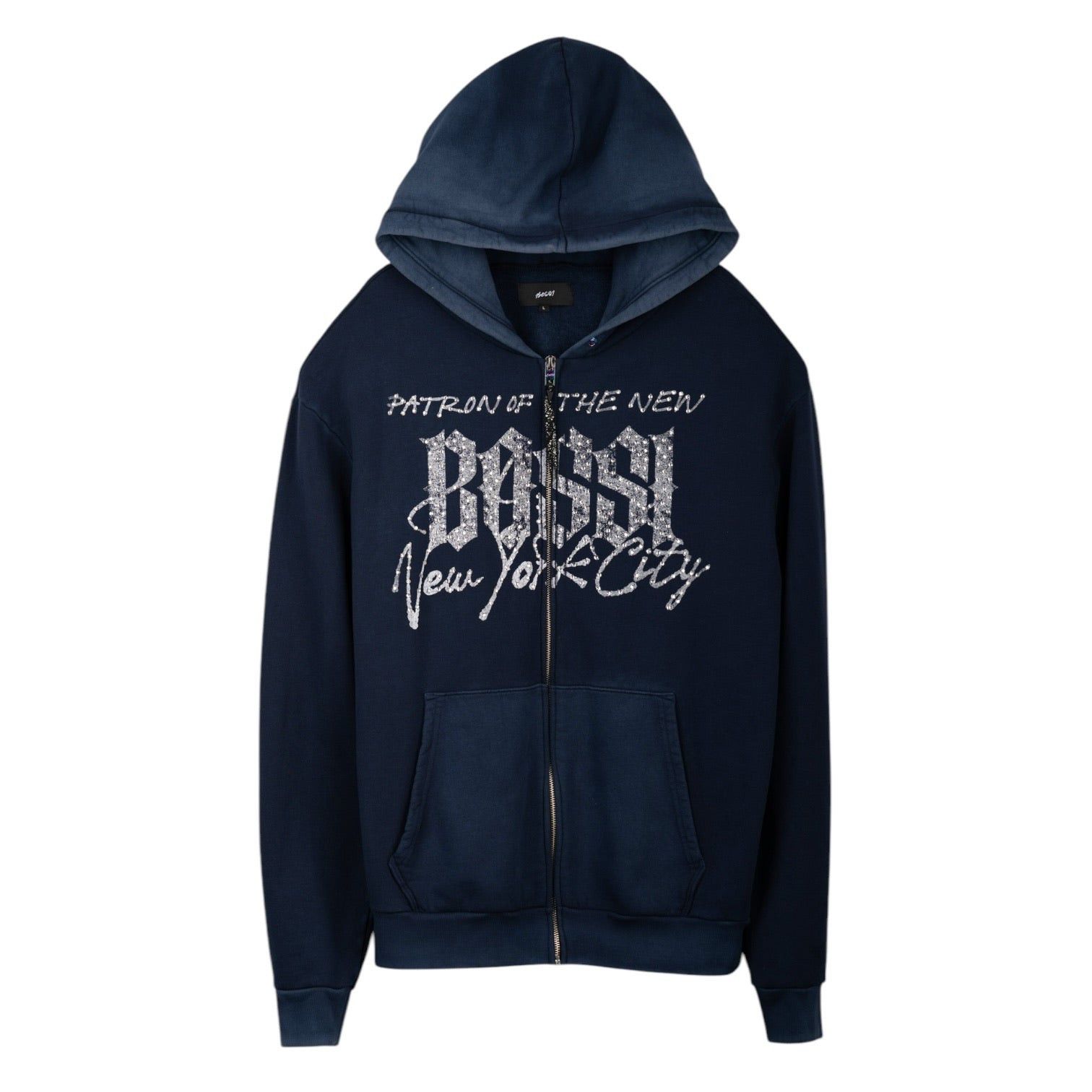 Bossi Sportswear NYC Rhinestone Zip Up Hooded Sweatshirt Navy Blue 