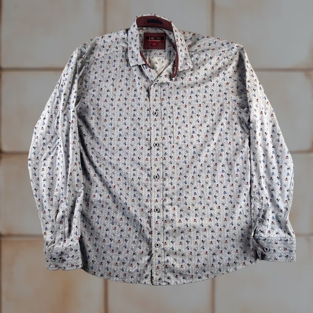 Johnston & Murphy Johnston & Murphy Skull Crossbones Micro Print Button Up Shirt Mens L Blue Cotton Long Sleeve Button-Front Classic Fit Size US L / EU 52-54 / 3 - 1 Thumbnail