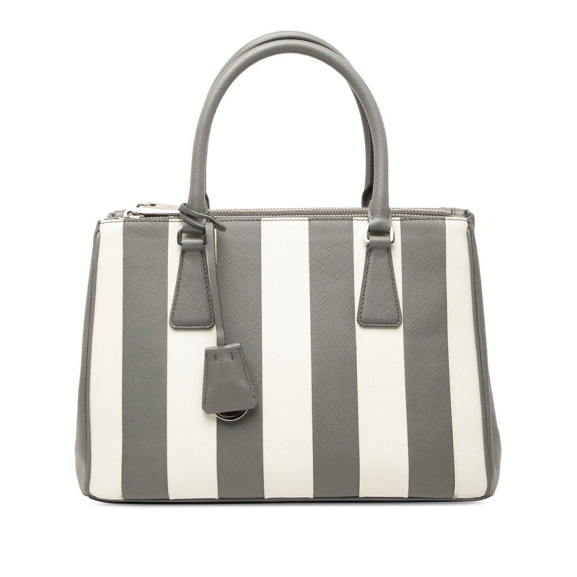 Prada Prada Galleria Medium Striped Handbag 1BA863 Gray White Saffiano Leather Women's PRADA Size ONE SIZE - 1 Thumbnail