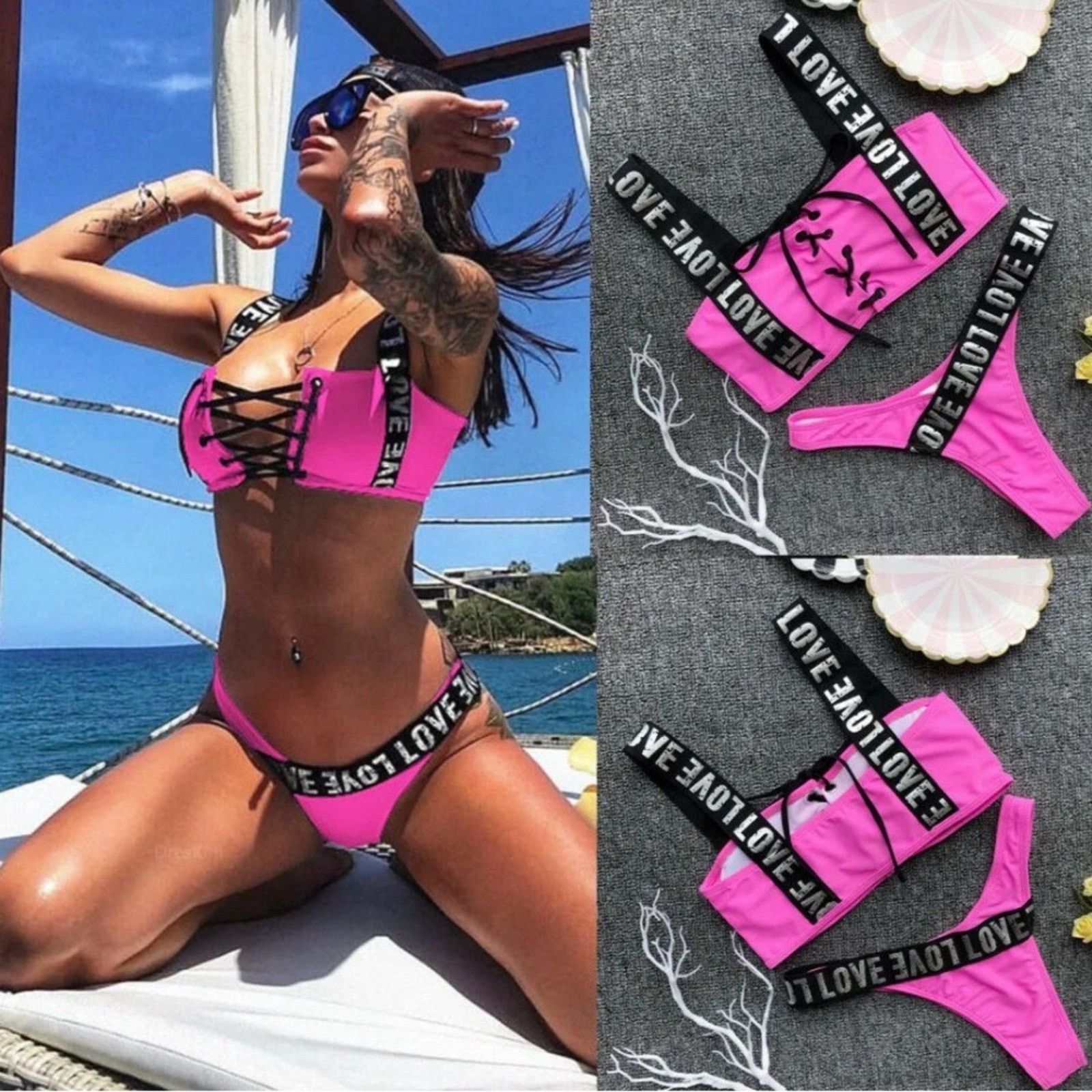 Other New Stylish Pink Lace-Up Bikini Swimsuit Bathing Suit Set S Size ONE SIZE - 1 Thumbnail