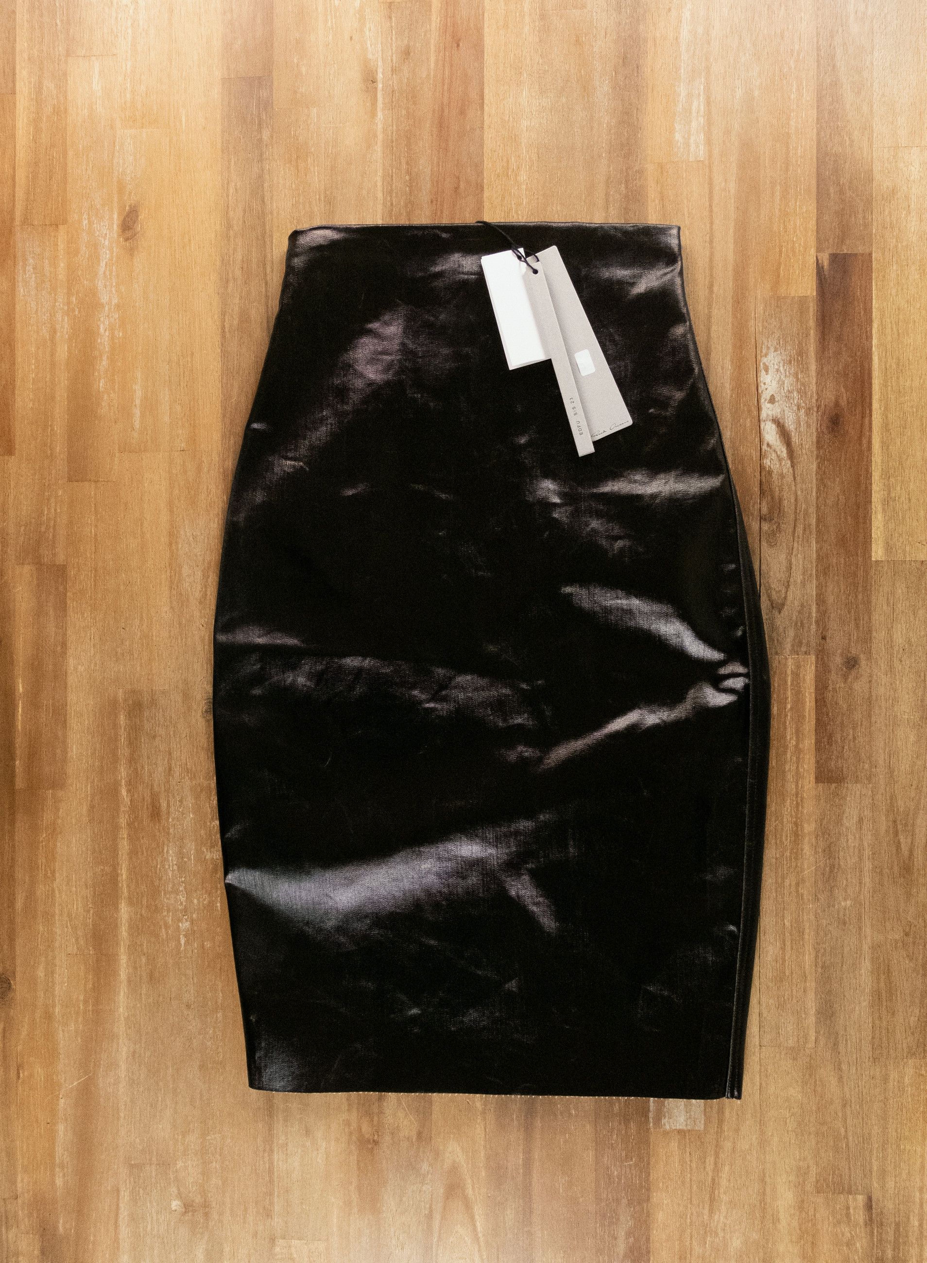 RICK OWENS Knee Al Pillar black pleated coated denim skirt