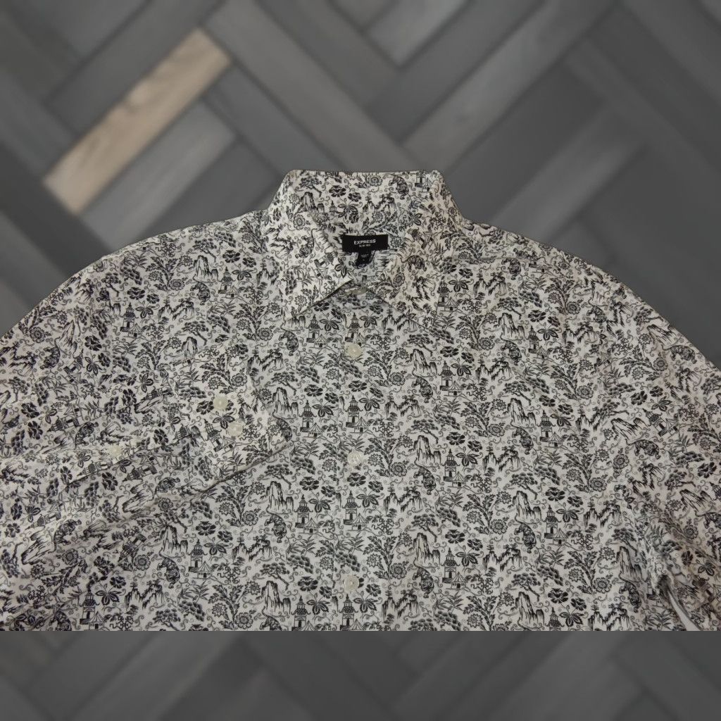 Express Express Men’s Long Sleeve Button-Front Shirt S Slim Tigers Buddhist Temples Floral White Cotton Size US S / EU 44-46 / 1 - 1 Thumbnail