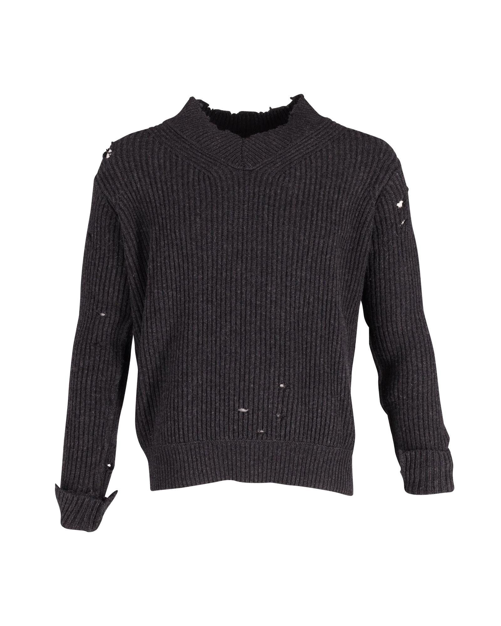 image of Helmut Lang Distressed V-Neck Wool Sweater in Grey, Men's (Size Medium)