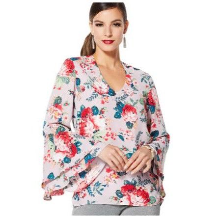 Vince Camuto Womens Floral Bell Sleeve Blouse With V-Neck Pink & Red Rose Size L / US 10 / IT 46 - 1 Thumbnail