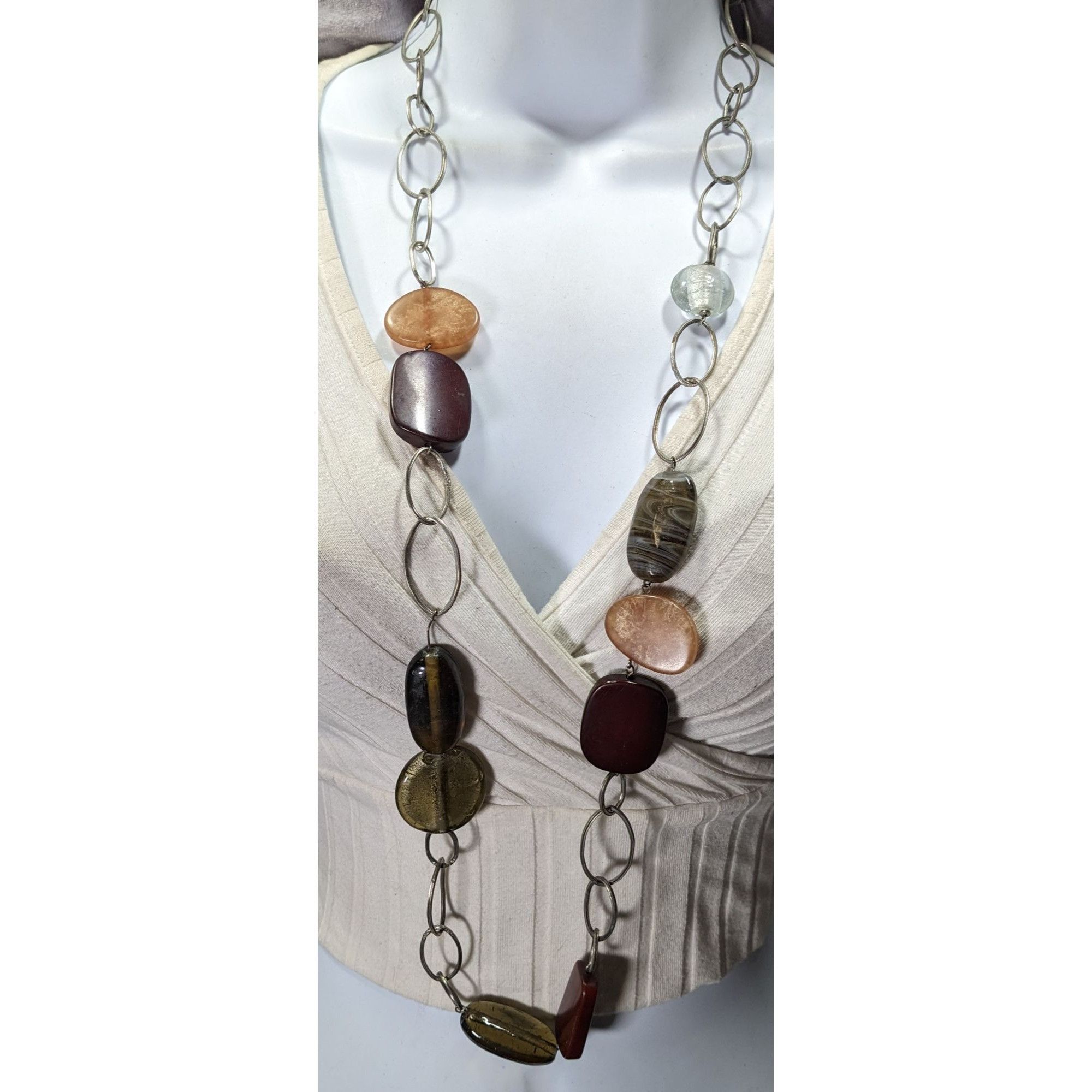 Other Chunky Retro Earth Tone Long Silver-Tone Chain Necklace With Size ONE SIZE - 4 Thumbnail