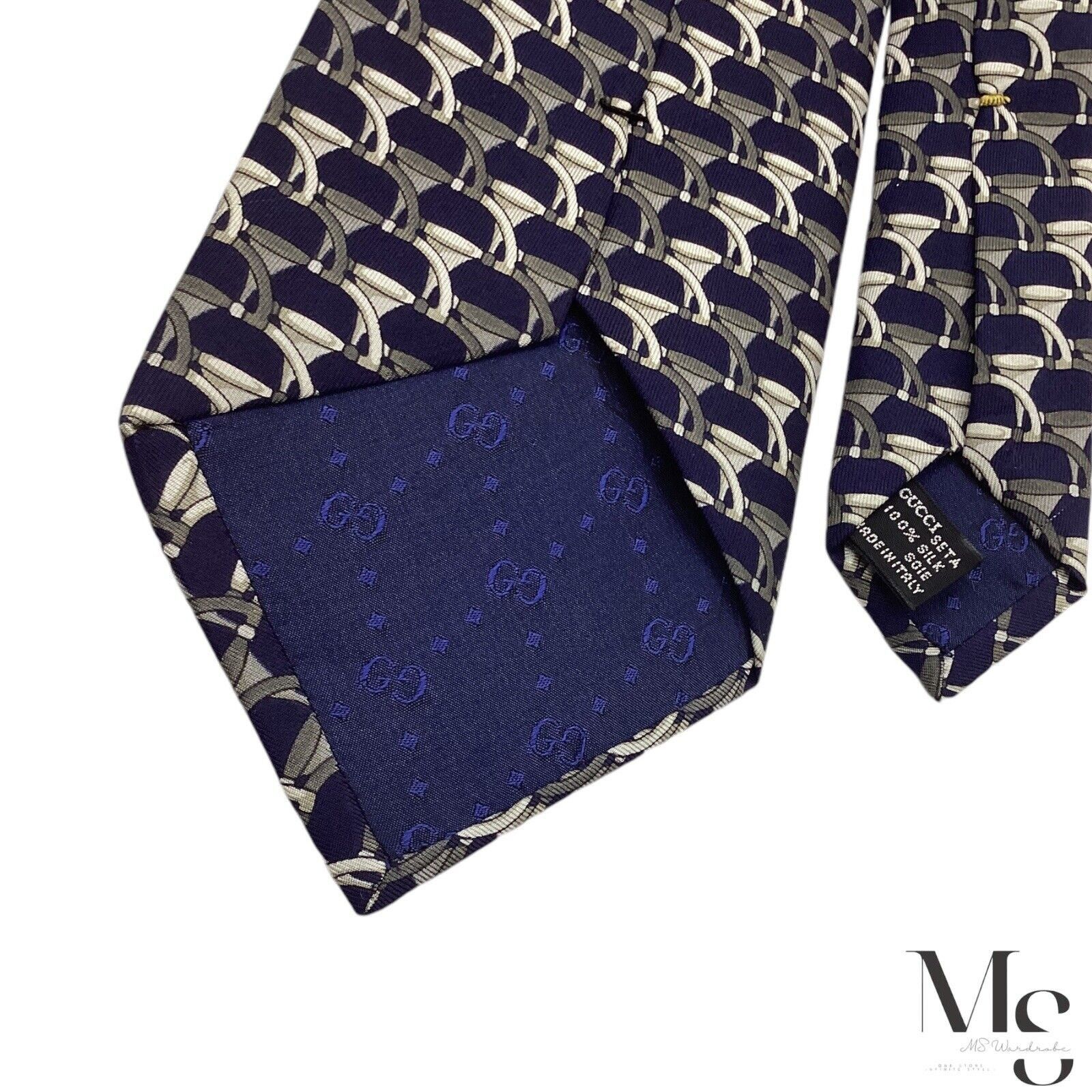 Gucci GUCCI Blue & Gray Stirrups Luxury Silk Tie Made In Italy W: Size ONE SIZE - 5 Thumbnail