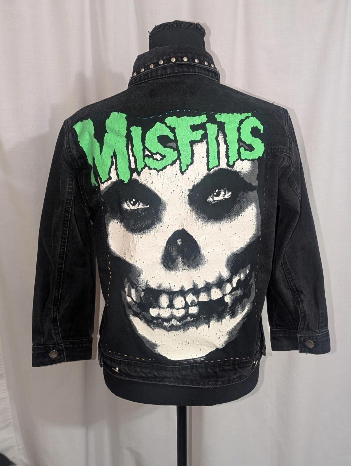 Women's Upcycled Studded Punk Black Denim Misfits Jacket