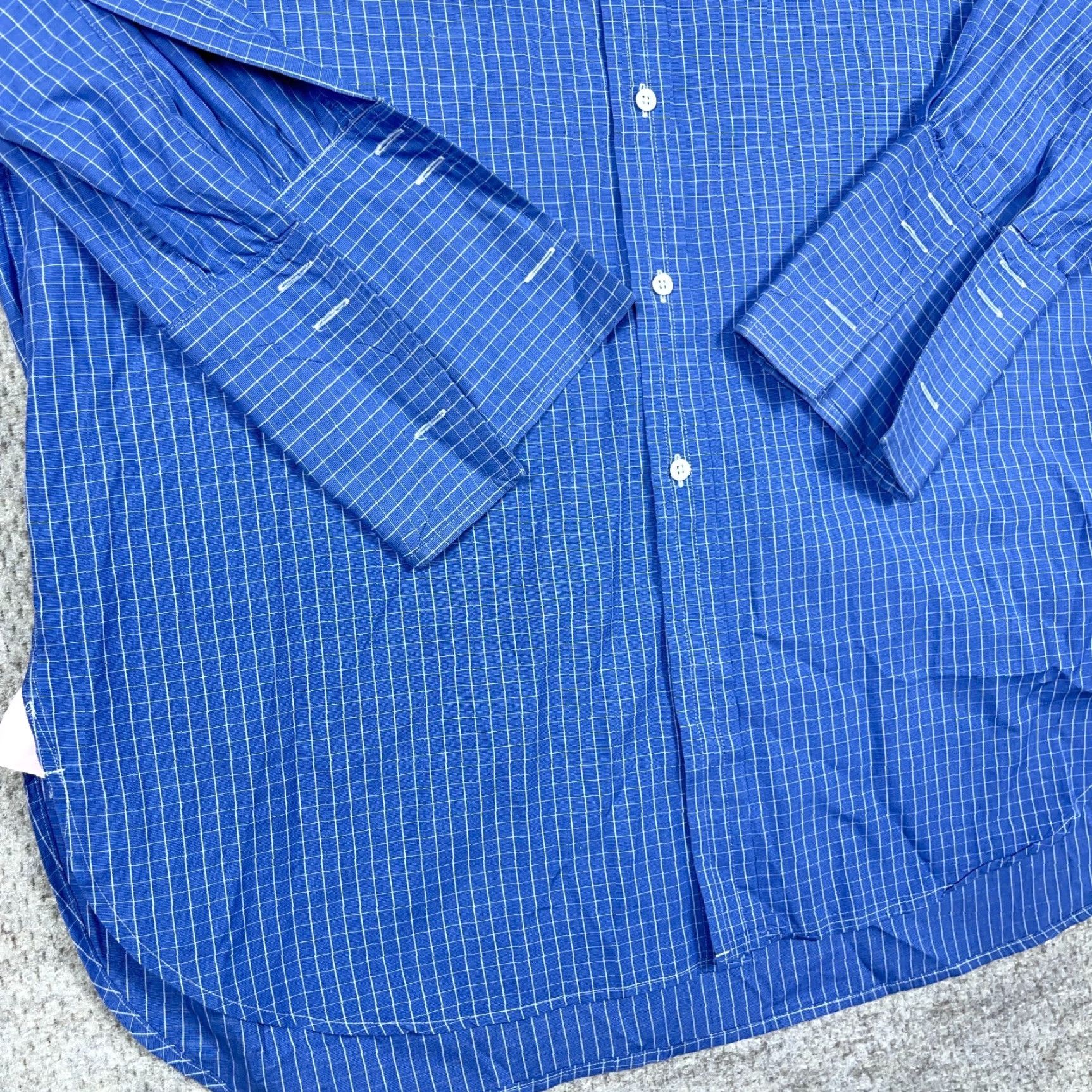 Vintage Thomas Pink Shirt Men 15.5 35 Blue Button-Up Dress French Cuff Poplin Grid Check Size 42R - 3 Thumbnail