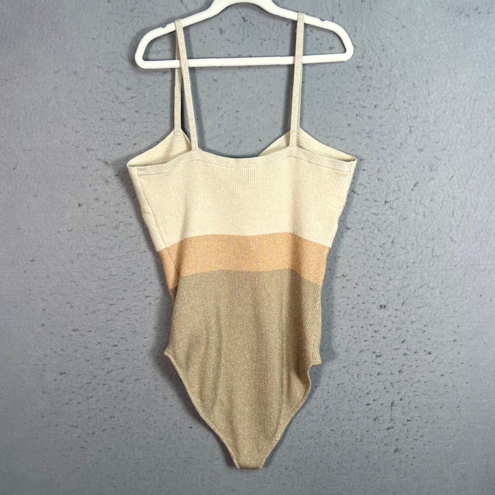 Sandro Sandro Womens Bodysuit Size 4 Ribbed Metallic Knit Beige/Gold Striped Shirt? Size S / US 4 / IT 40 - 2 Thumbnail
