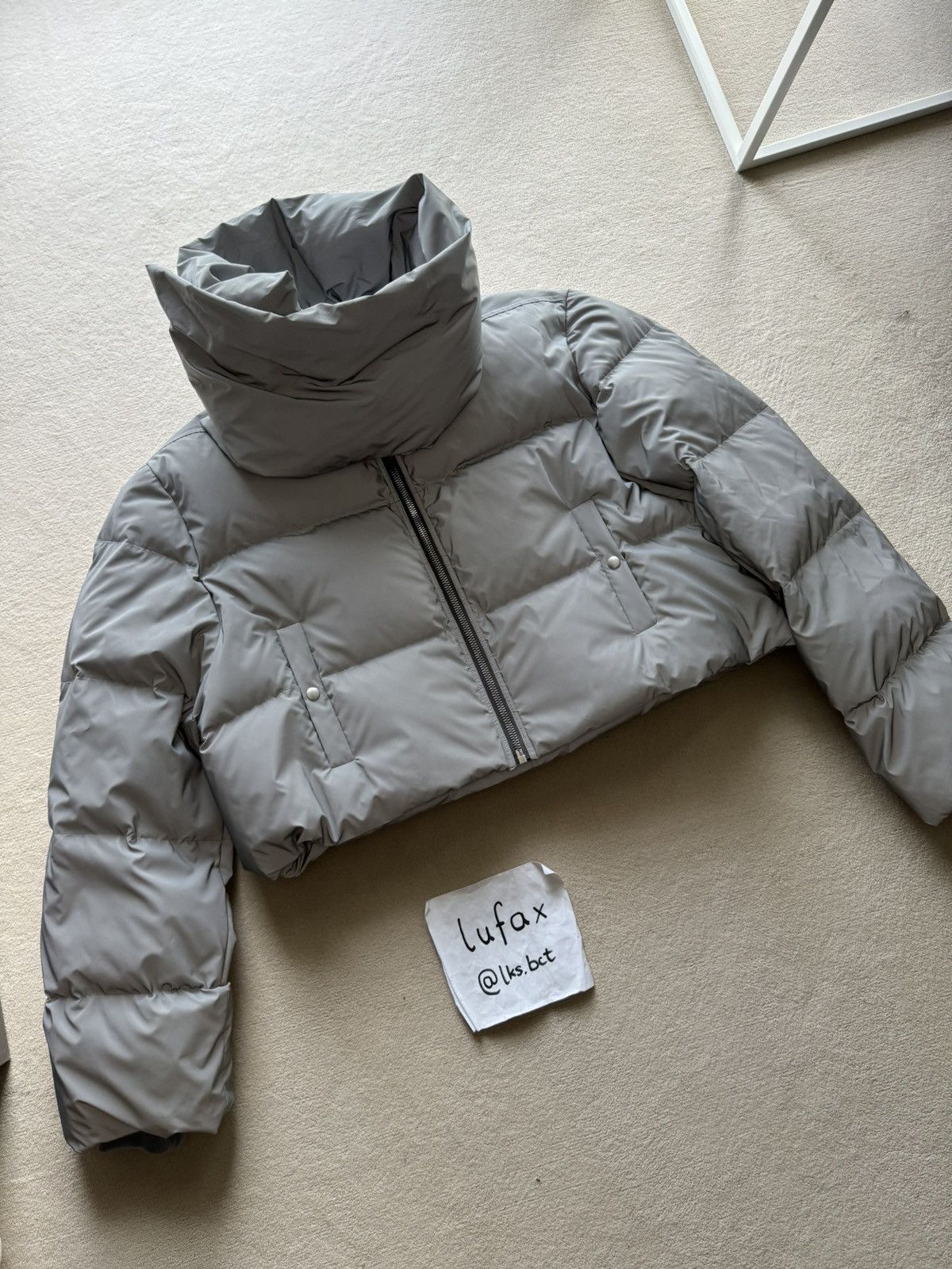 image of Rick Owens New | Sample Fw22 Strobe Reflective Funnel Neck Puffer in Silver Reflective (Size Medium