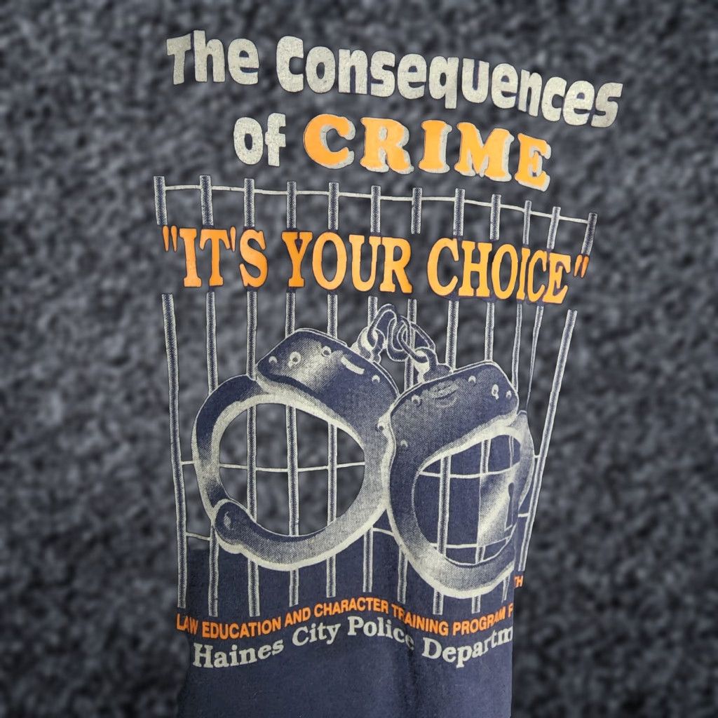 VINTAGE Screen Stars T-Shirt Mens 2XL Blue Crew Neck Short Sleeve Law Enforcement Consequences of Crime 80s Graphic Print Cotton Blend Blue