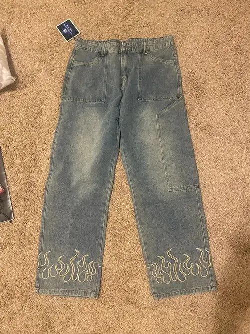 Jean Loose Straight Jeans Fire Embroidery Size US 34 / EU 50 - 2 Thumbnail