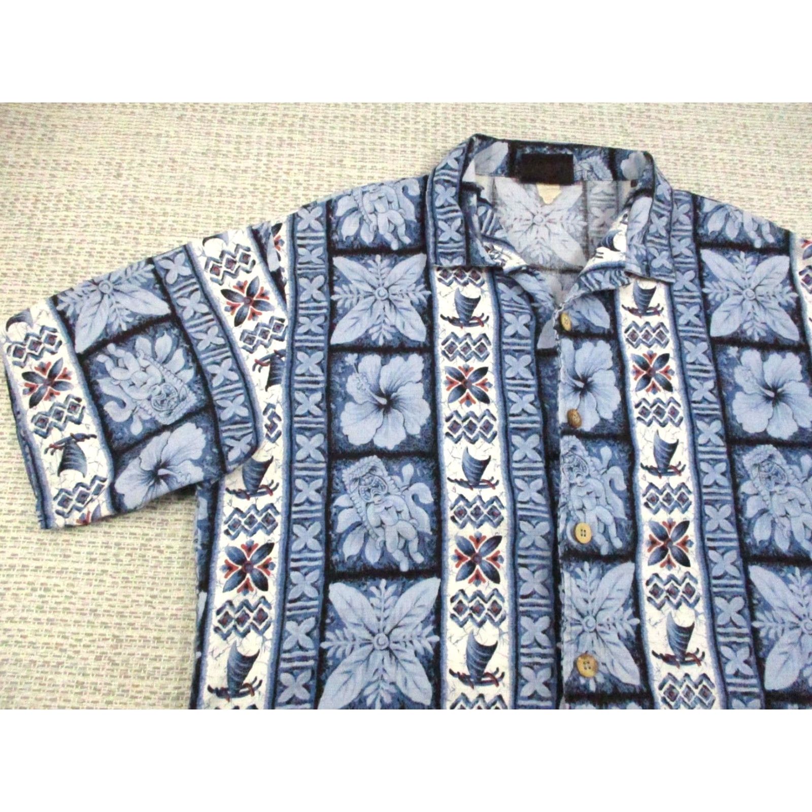 Vintage VINTAGE ODO Hawaiian Shirt Mens Large Blue Tiki Hibiscus Sailboat Camp Collar Aloha Casual Short Sleeve Floral Button-Up Size US L / EU 52-54 / 3 - 3 Thumbnail