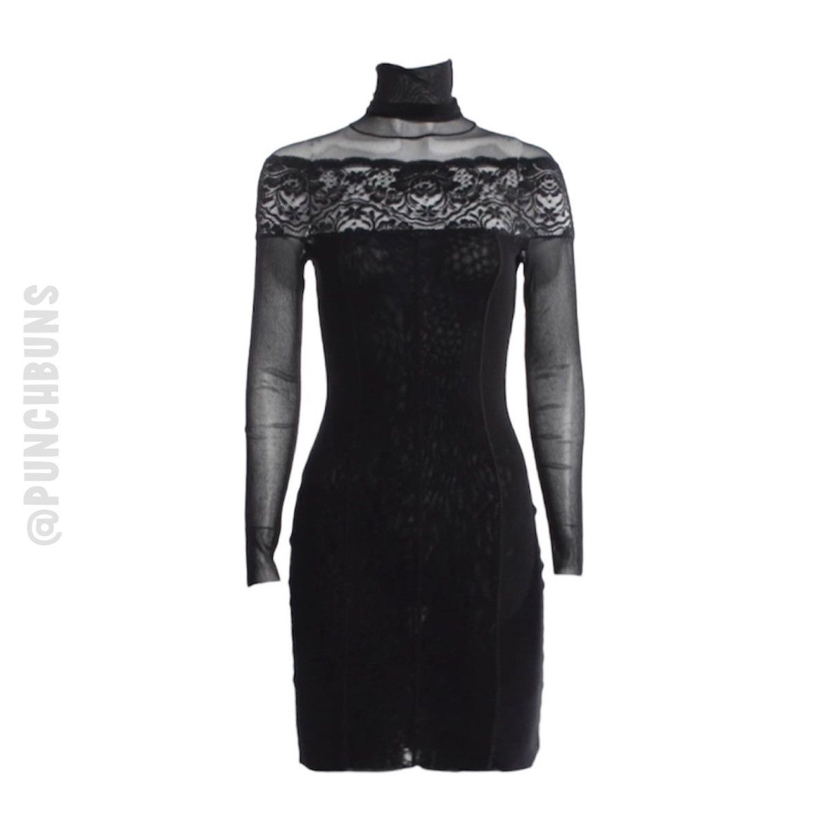 image of Jean Paul Gaultier Black Sheer Lace Insert Turtleneck Dress, Women's (Size 2XL)