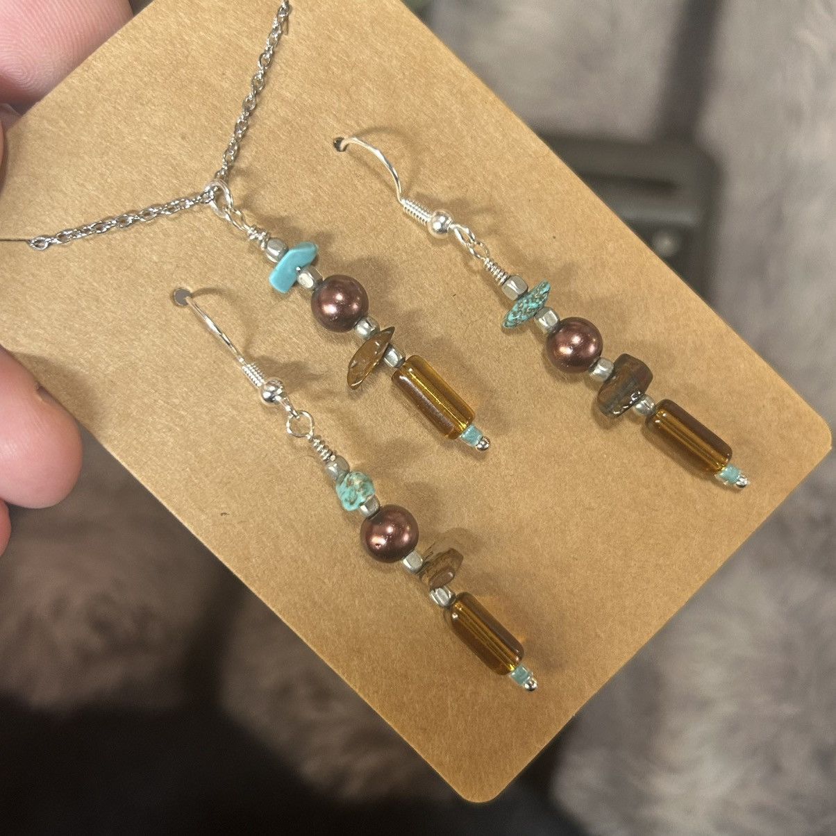 Handmade Handcrafted boho tigers eye turquoise pearl glass set Size ONE SIZE - 1 Thumbnail
