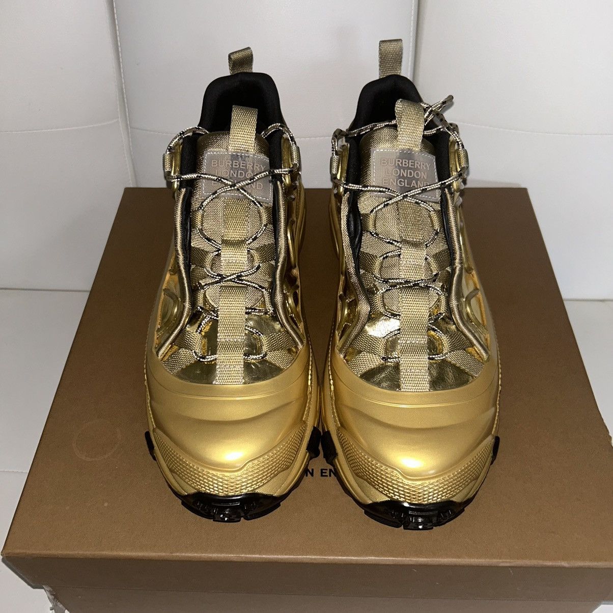 image of Burberry Arthur Metallic Sneakers in Gold, Men's (Size 11.5)