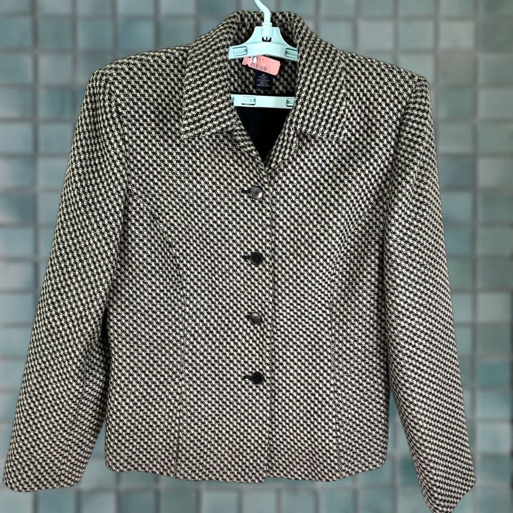 Ann Taylor VINTAGE Ann Taylor Blazer Women SZ12 Wool Argyle Diamond Black Career Jacket 90s Size XL / US 12-14 / IT 48-50 - 1 Thumbnail