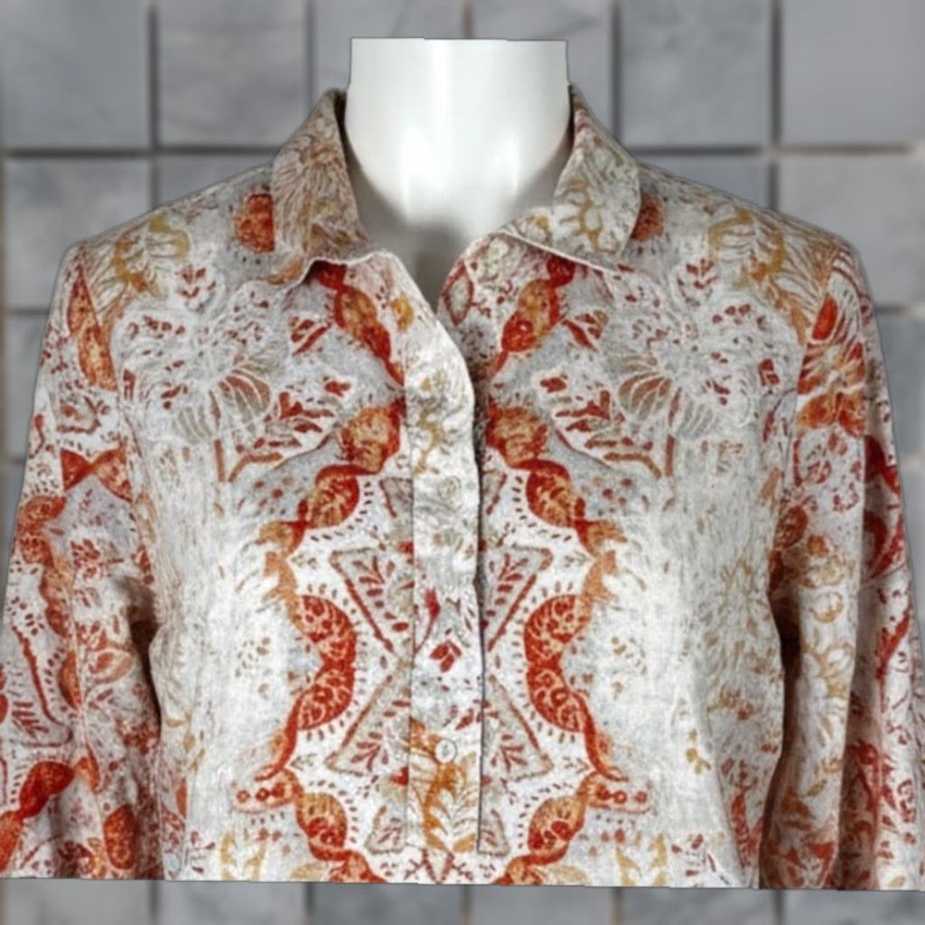 Vintage Chicos Tunic 100% Linen Blouse Orange Paisley Lagenlook Artsy Bohemian Linen Top Womens 12 Long Sleeve Casual Dressy Vintage? Size XL / US 12-14 / IT 48-50 - 1 Thumbnail