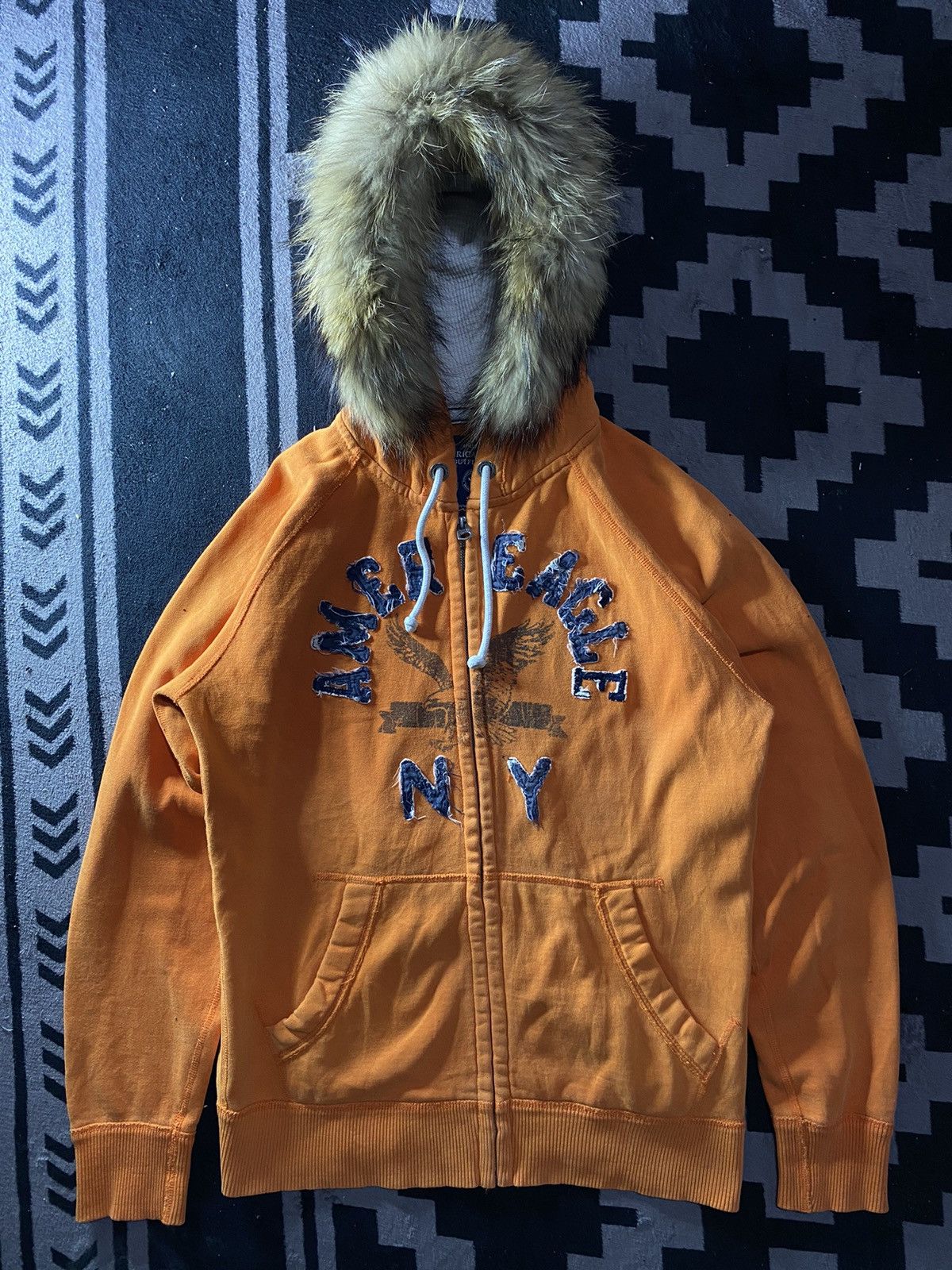 Vintage american eagle faux fur distressed zip hoodie
