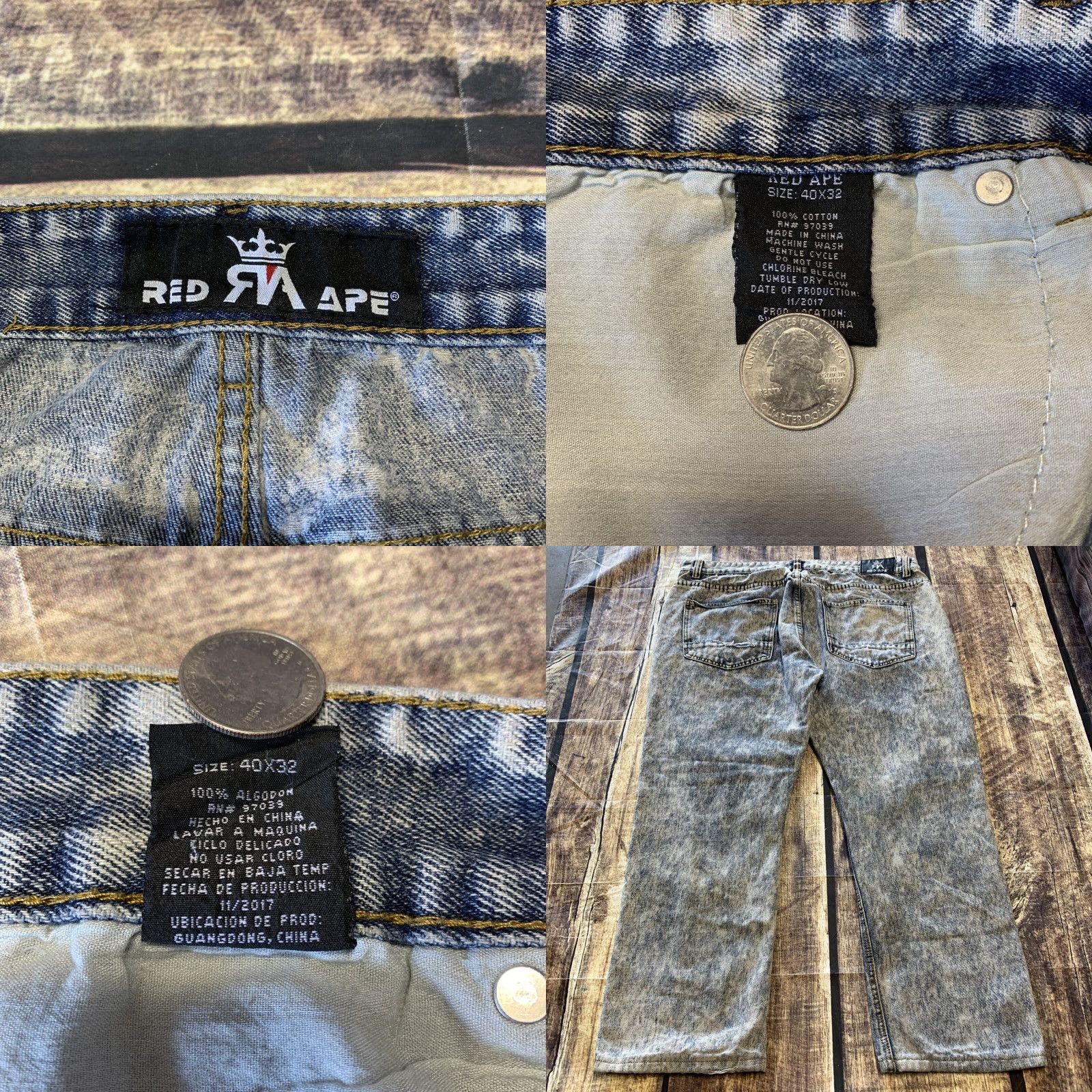 Vintage Red Ape Mens Blue Jeans 40 X 32 Acid Wash Distressed Straight Denim Jeans Size US 40 / EU 56 - 8 Thumbnail