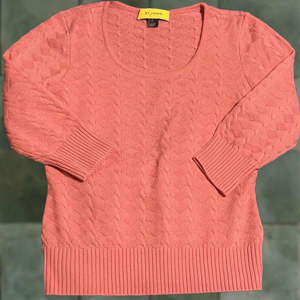 St. John St. John Yellow Label Pullover Sweater Petite 3/4 Sleeve Cable-Knit 100% Wool Salmon Women Solid Casual Business Size S / US 4 / IT 40 - 1 Thumbnail