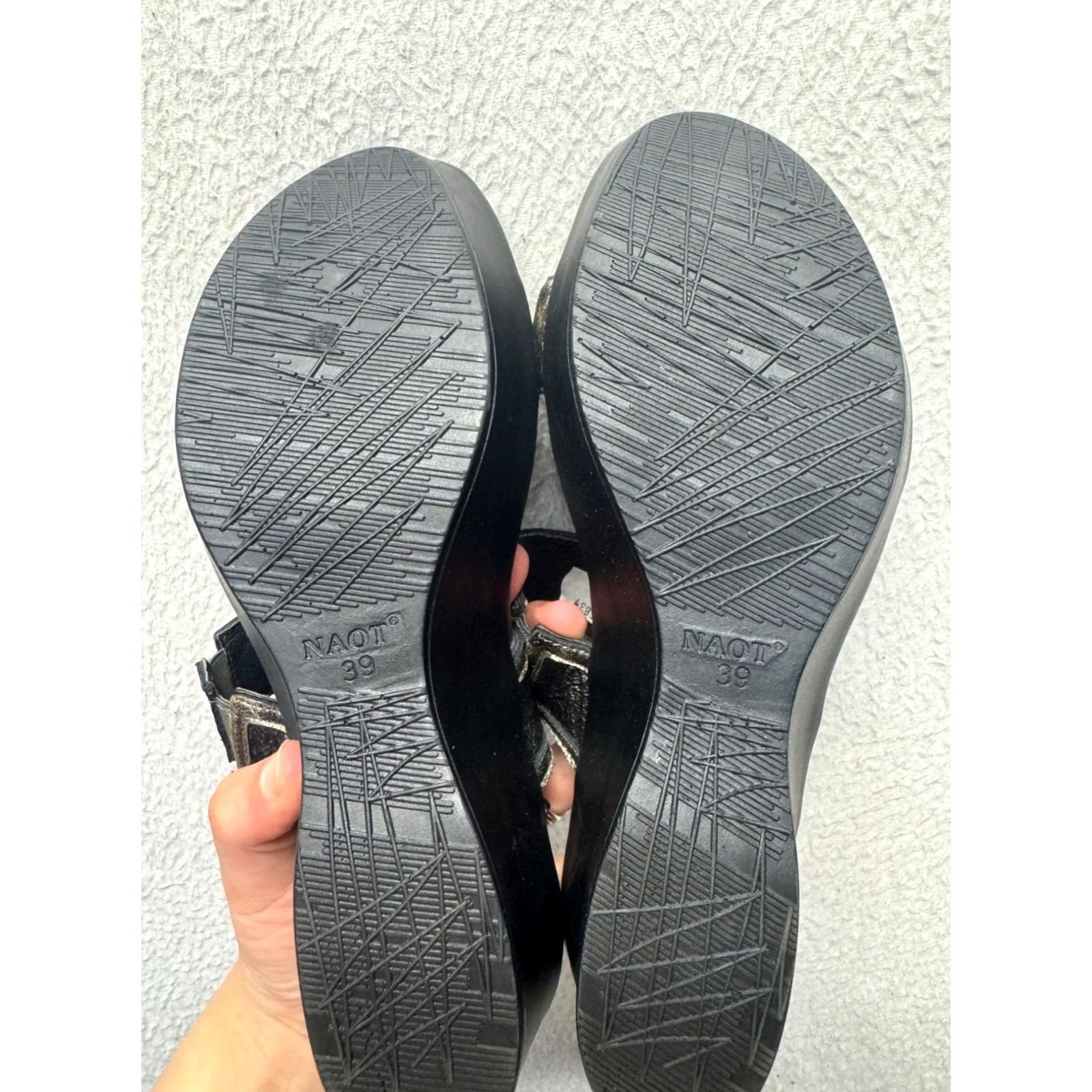 Vintage Naot Sandal Women's 39 Black Leather Strappy Wedge Adjustable Velcro Metal Theme 9816 Good Size US 6 / IT 36 - 4 Thumbnail