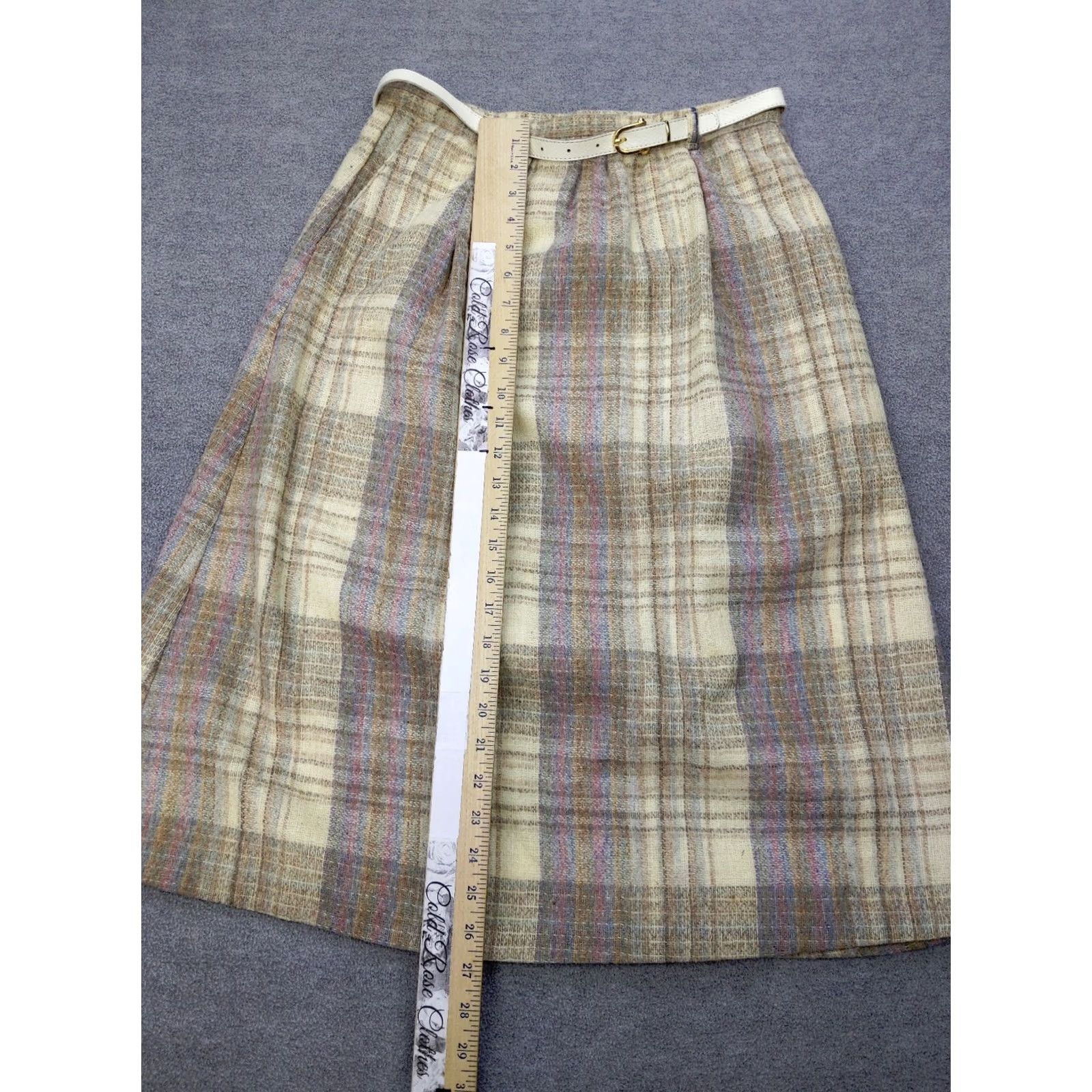 Mulberry VINTAGE Marilyn Togs Mulberry Street Women 14 Beige Plaid 100% Wool A-Line Belted Skirt Size ONE SIZE - 6 Thumbnail