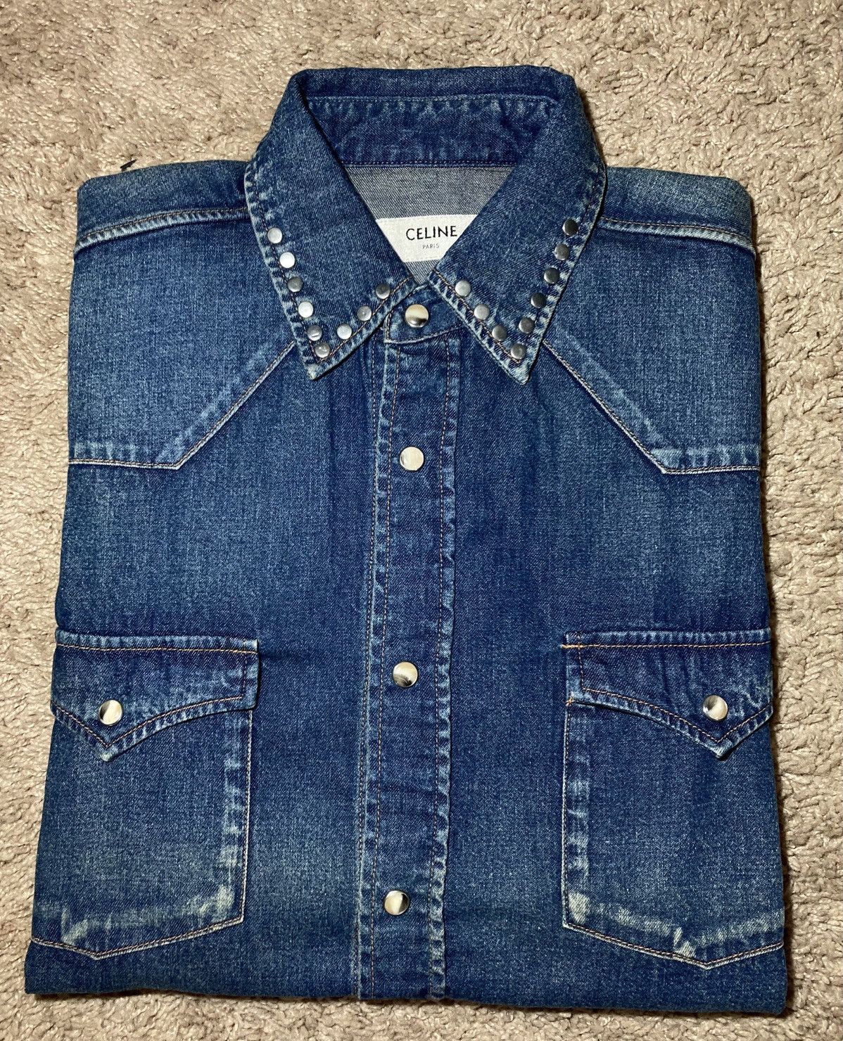 Celine AW20 Celine Studded Denim Western Shirt 2020 Indigo Hedi 70s Size US S / EU 44-46 / 1 - 1 Thumbnail