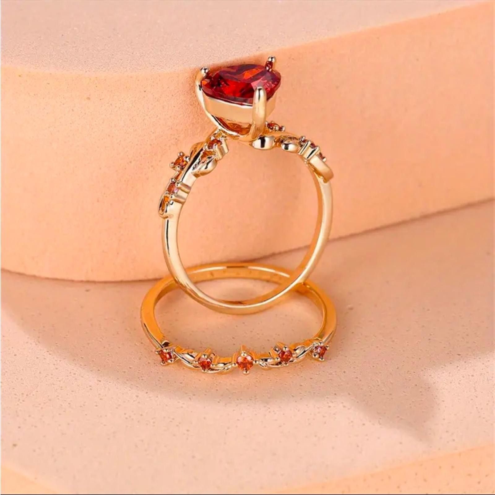 Designer Heart Cut Red Zircon Stone Gold Plated Ring Set SZ 8 Size ONE SIZE - 3 Thumbnail