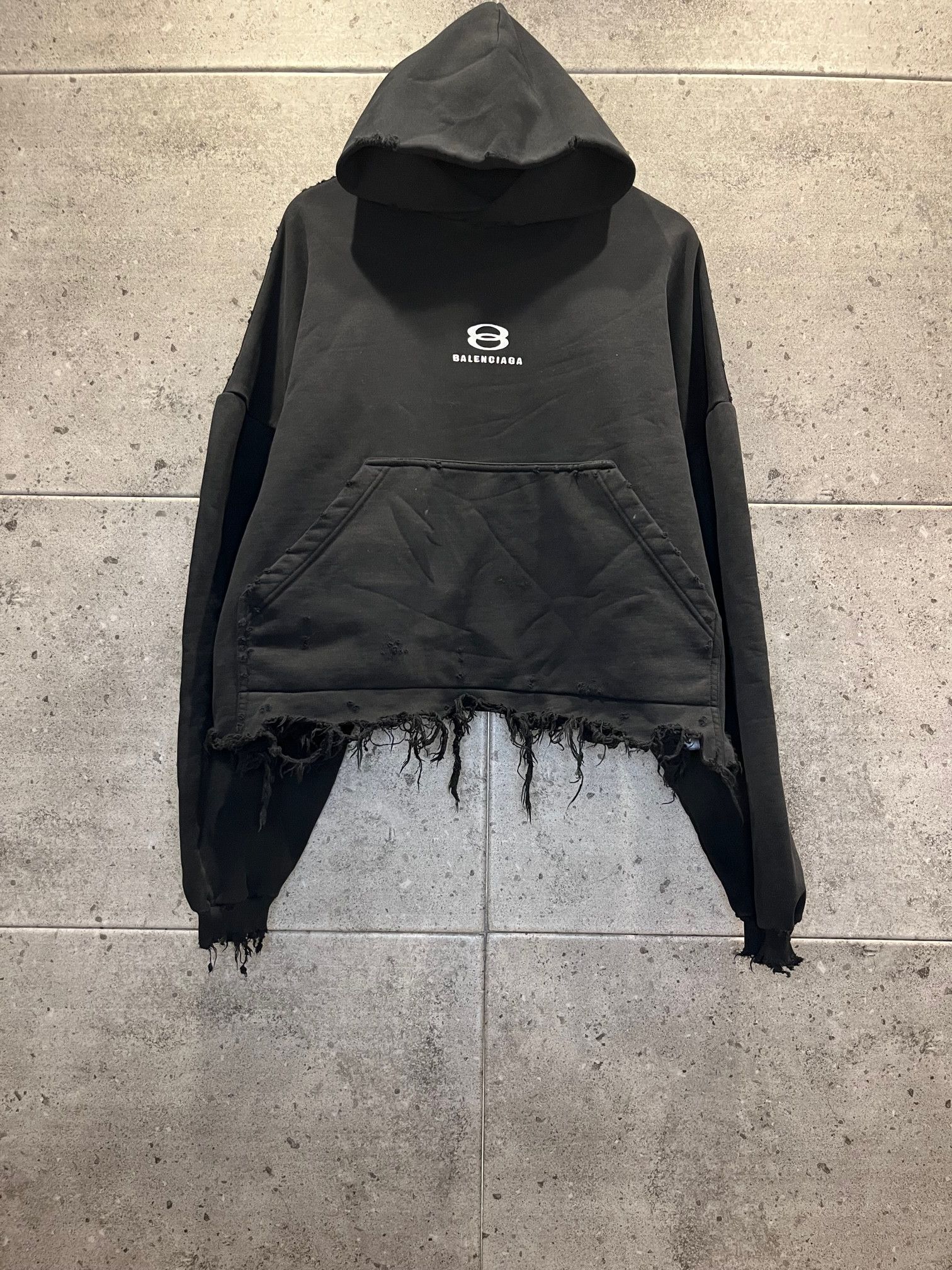 image of Balenciaga Unity Distressed Cropped Hoodie in Black, Men's (Size Large)