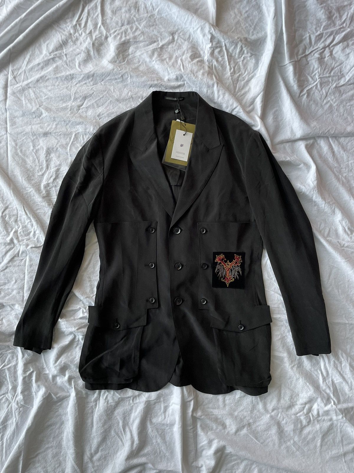 image of Yohji Yamamoto 21Aw Embroidered Patch Silk Jacket in Black, Men's (Size Large)
