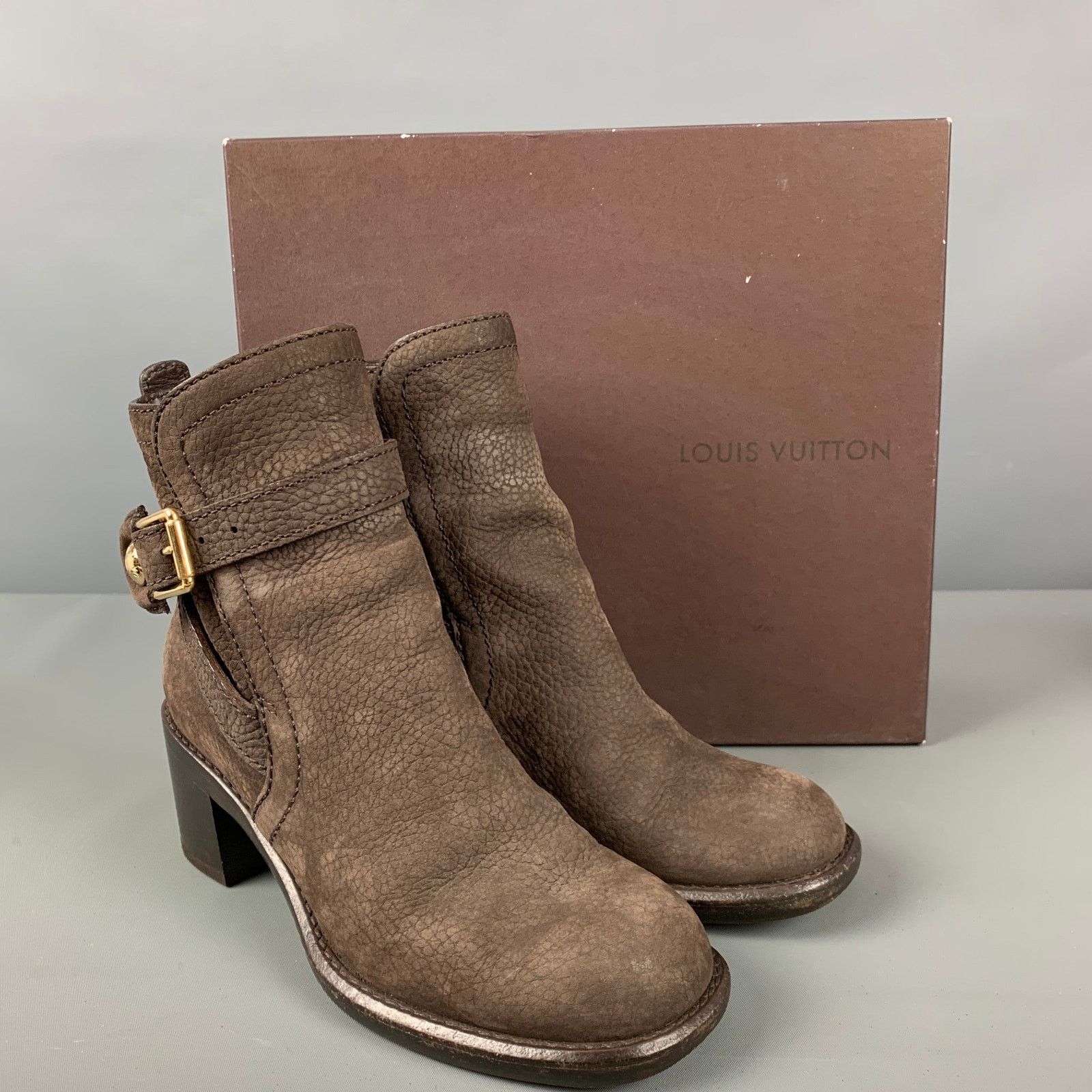 Louis Vuitton LOUIS VUITTON Brown Leather Pebble Grain Chunky Heel Boots Size US 6.5 / IT 36.5 - 8 Thumbnail