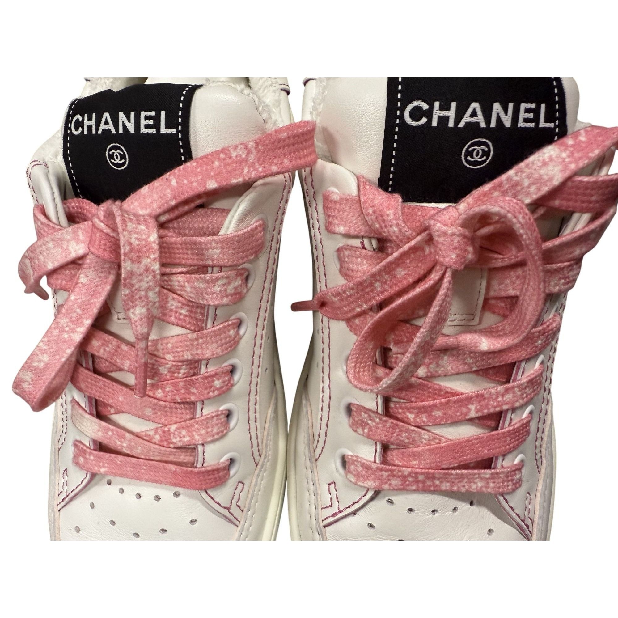 Chanel Chanel Womens White Sneakers With Pink Laces Faux Fur Lining Size US 8.5 / IT 38.5 - 16 Thumbnail