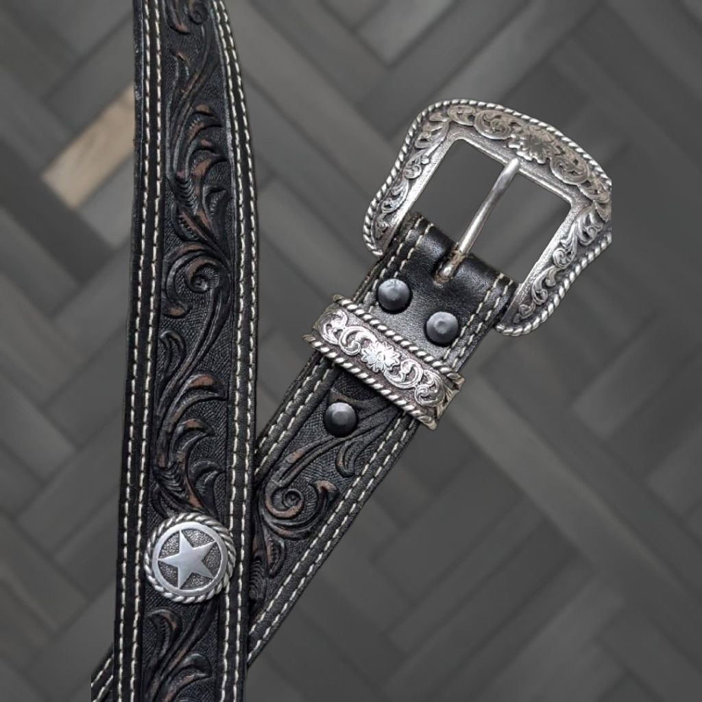 Vintage VINTAGE Nocona belt Western Leather 1-1/2" Buckle Concho Tooled 46 Men USA Brown Leather Western Belt Mens 46 TX Lone Star Concho Tooled 90s Size 46 - 1 Thumbnail